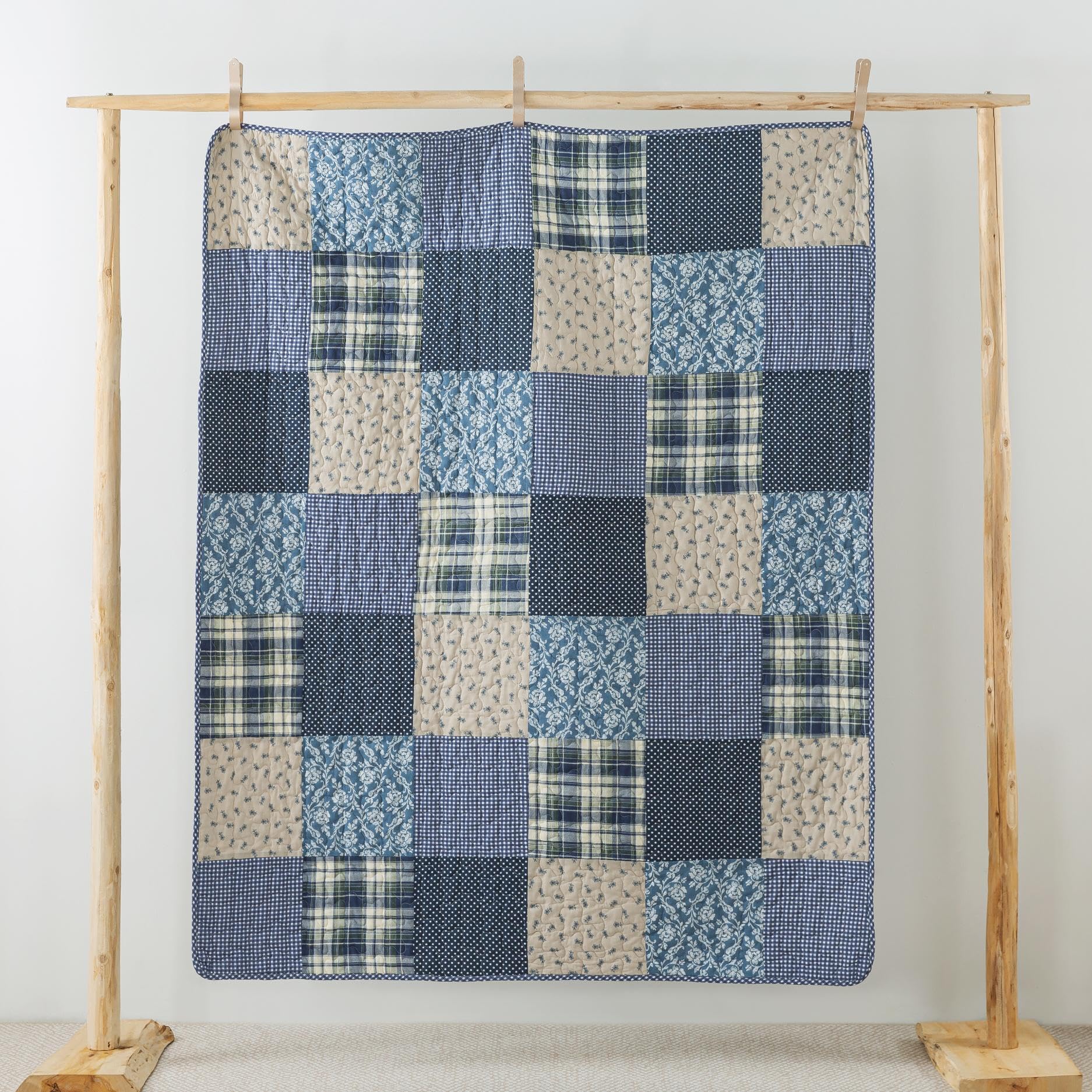 Slpr Blue Symphony 50' X 60' Cotton Quilted Throw Blanket, Country Farmhouse Checkered Patchwork Throw Quilt For Couch, Lightw