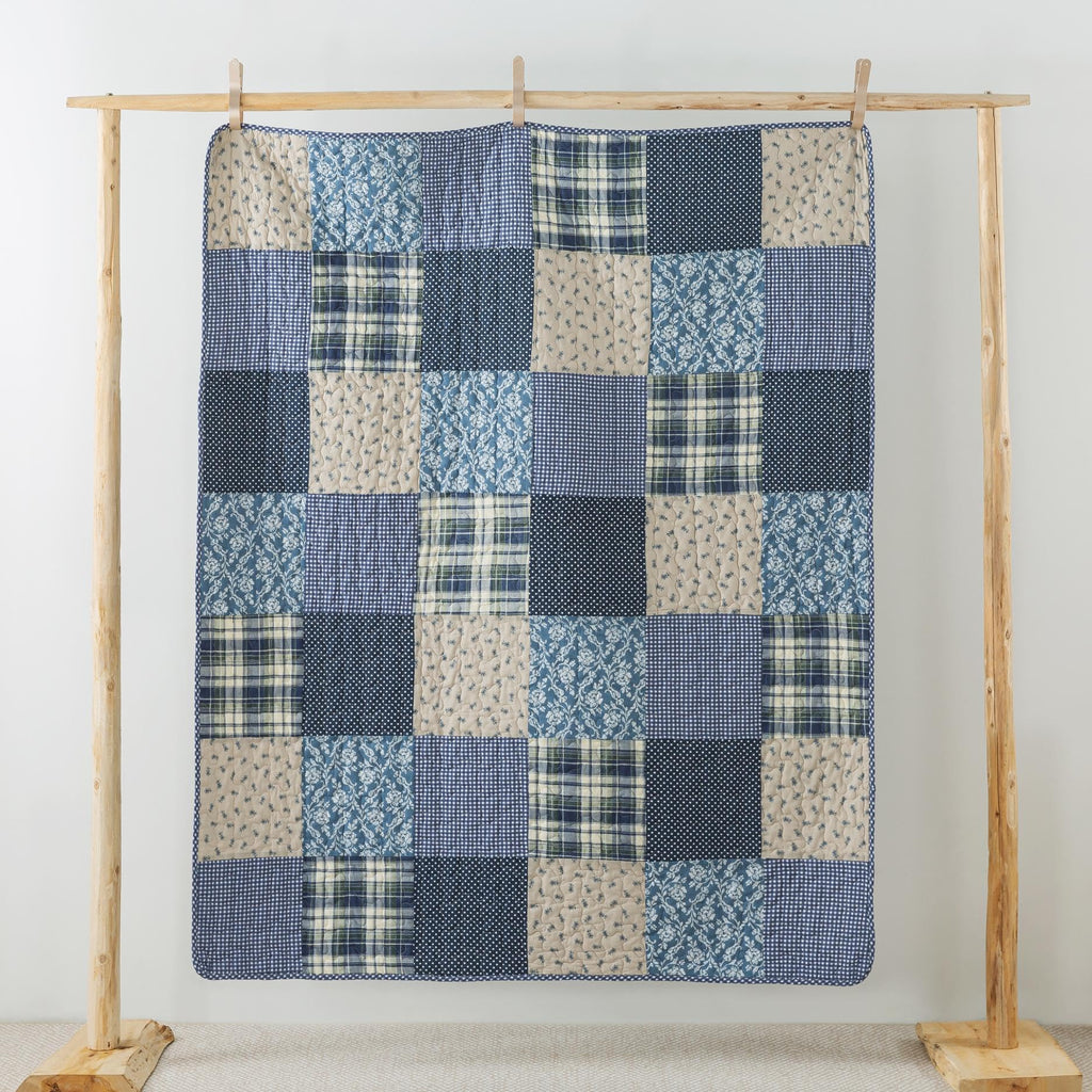 Slpr Blue Symphony 50' X 60' Cotton Quilted Throw Blanket, Country Farmhouse Checkered Patchwork Throw Quilt For Couch, Lightw