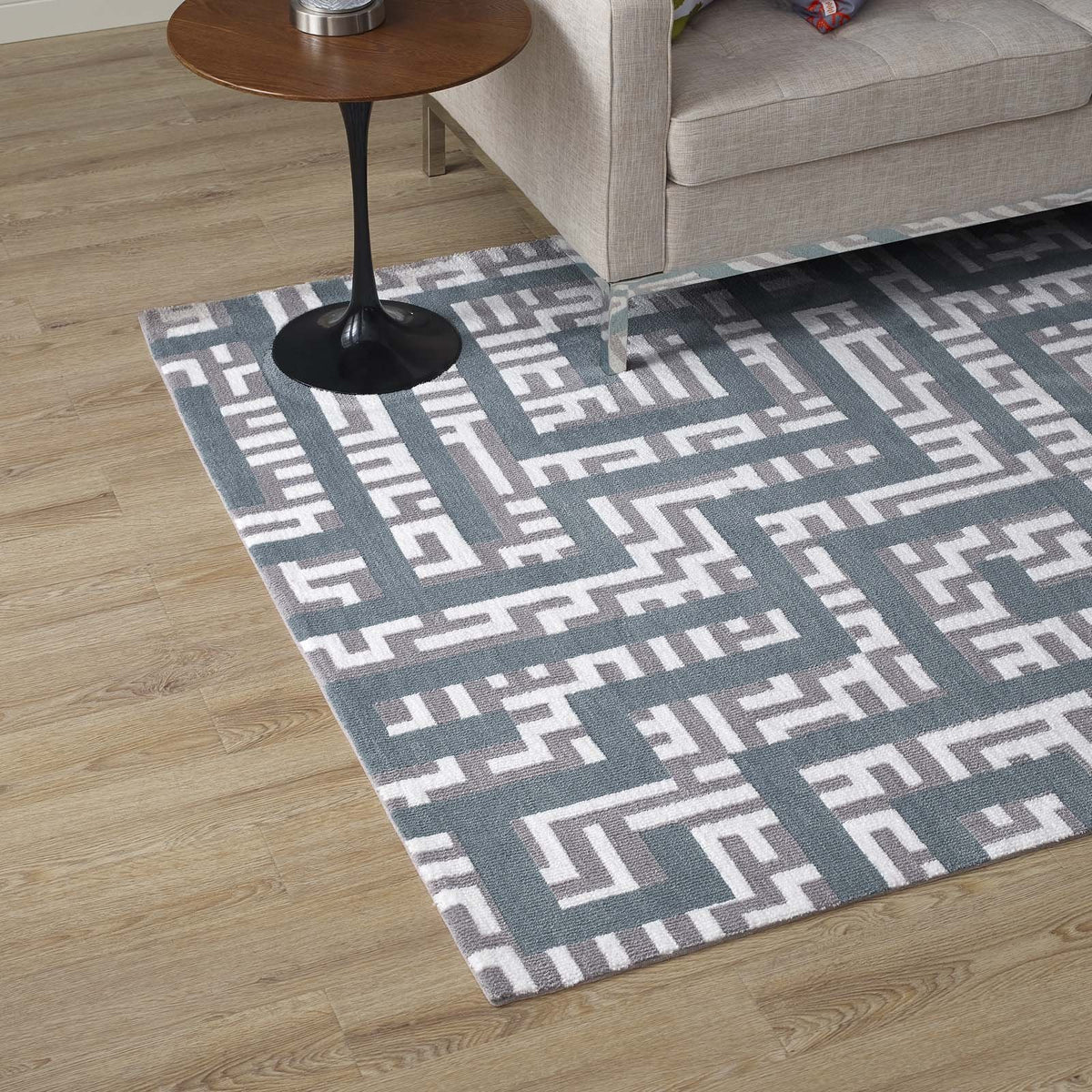 Modway Nahia Geometric Maze 5X8 Area Rug In Ivory, Light Gray And Sky Blue