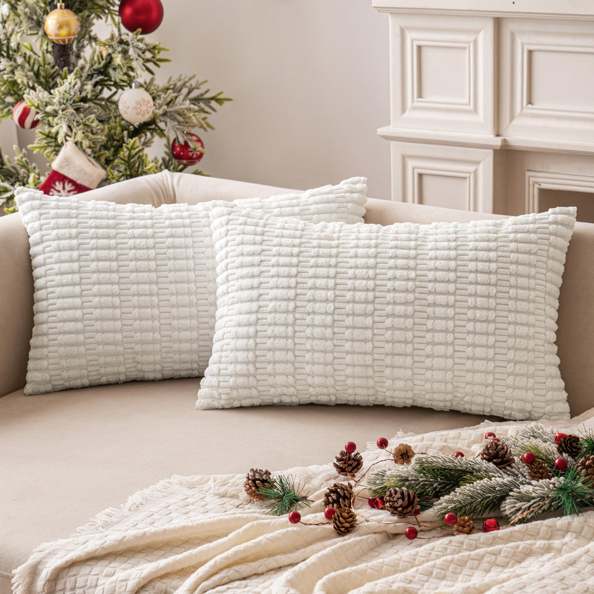 Miulee Pack Of 2 Corduroy Decorative Throw Pillow Covers 12X20 Inch Soft Boho Striped Pillow Covers Modern Farmhouse Christmas H