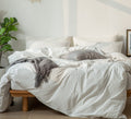Moomee Bedding Duvet Cover Set 100% Washed Cotton Linen Like Textured Breathable Durable Soft Comfy (White Stripe, Twin)