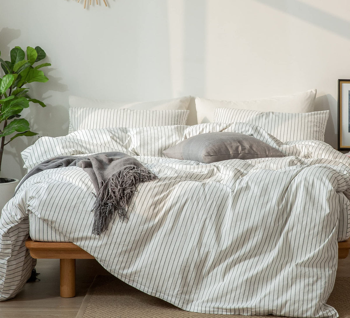 Moomee Bedding Duvet Cover Set 100% Washed Cotton Linen Like Textured Breathable Durable Soft Comfy (White Stripe, King)