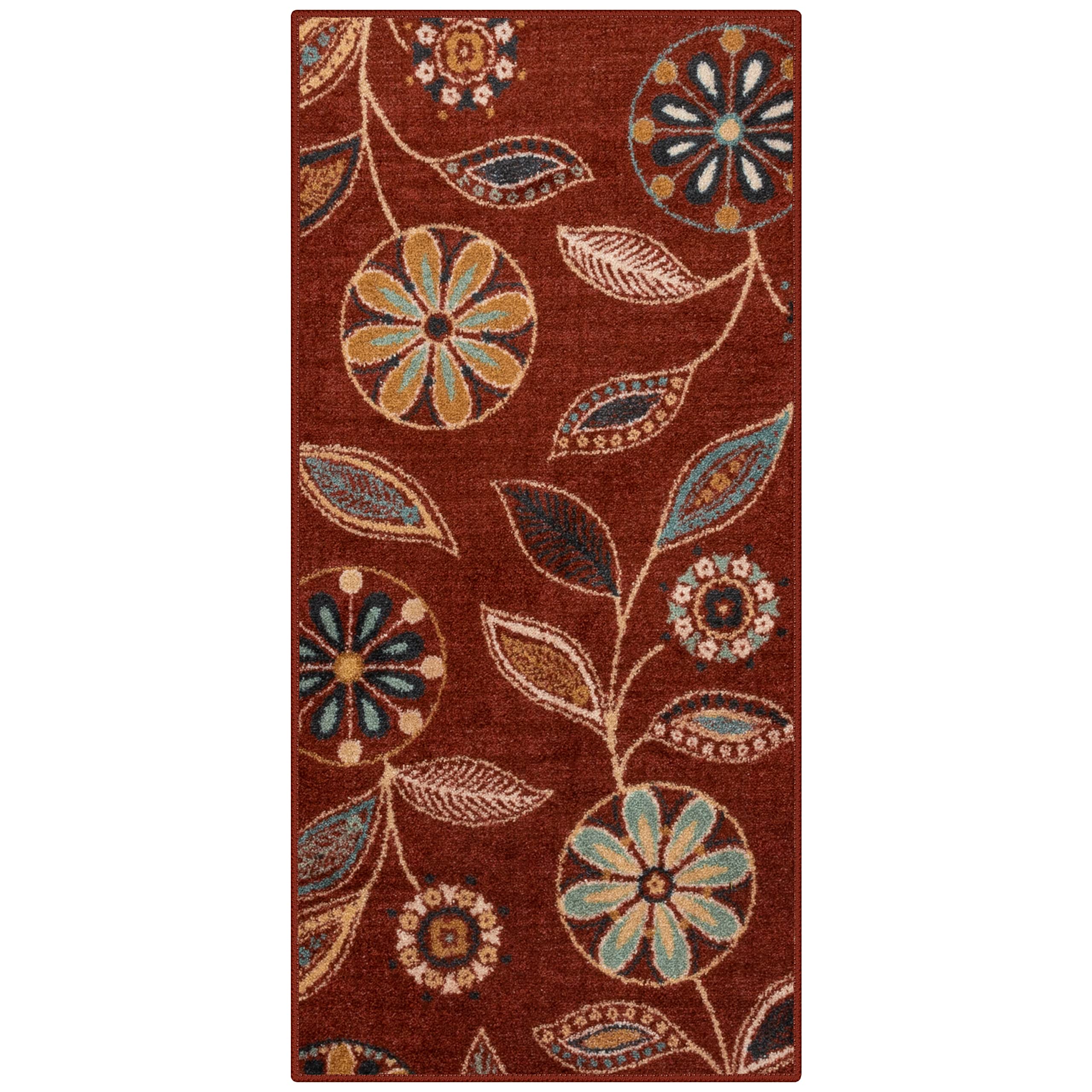Maples Rugs Reggie Floral Kitchen Rugs Non Skid Washable Accent Area Carpet [Made in USA], Merlot, 26 x 5