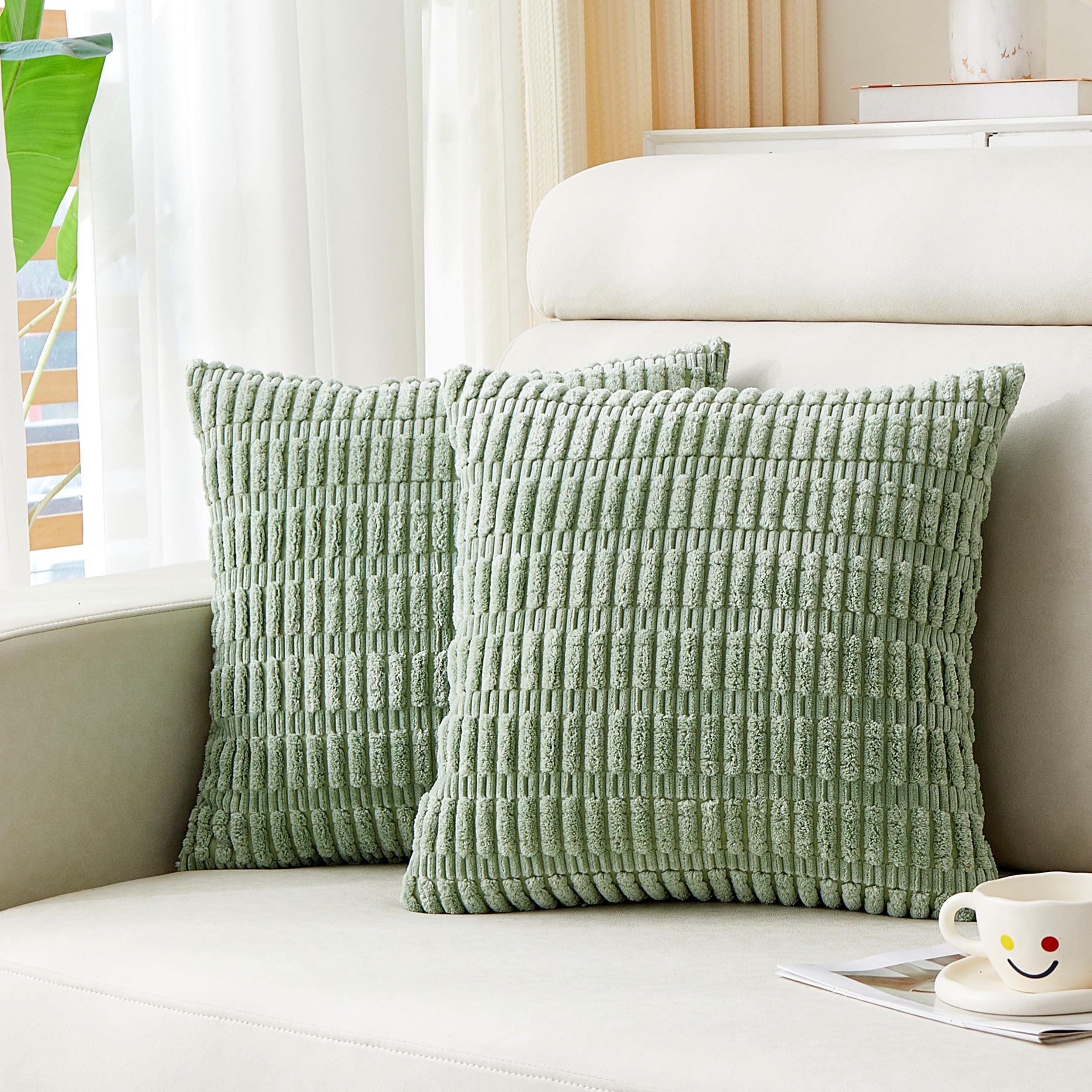 Sunday Praise 2 Packs Sage Green Decorative Throw Pillow Covers 20X20 Inch Soft Corduroy Boho Striped Pillow Cases Accent Square