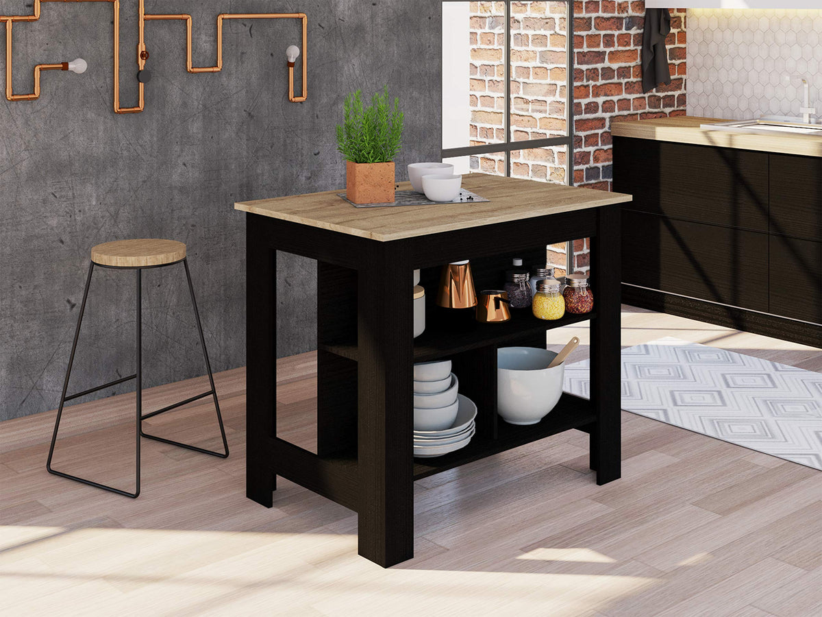 DEPOT E-SHOP Delos Kitchen Island 35.4H X 40,5W X 27,5D with Open Shelves, Large Tabletop, Black/Light Oak - Kitchen