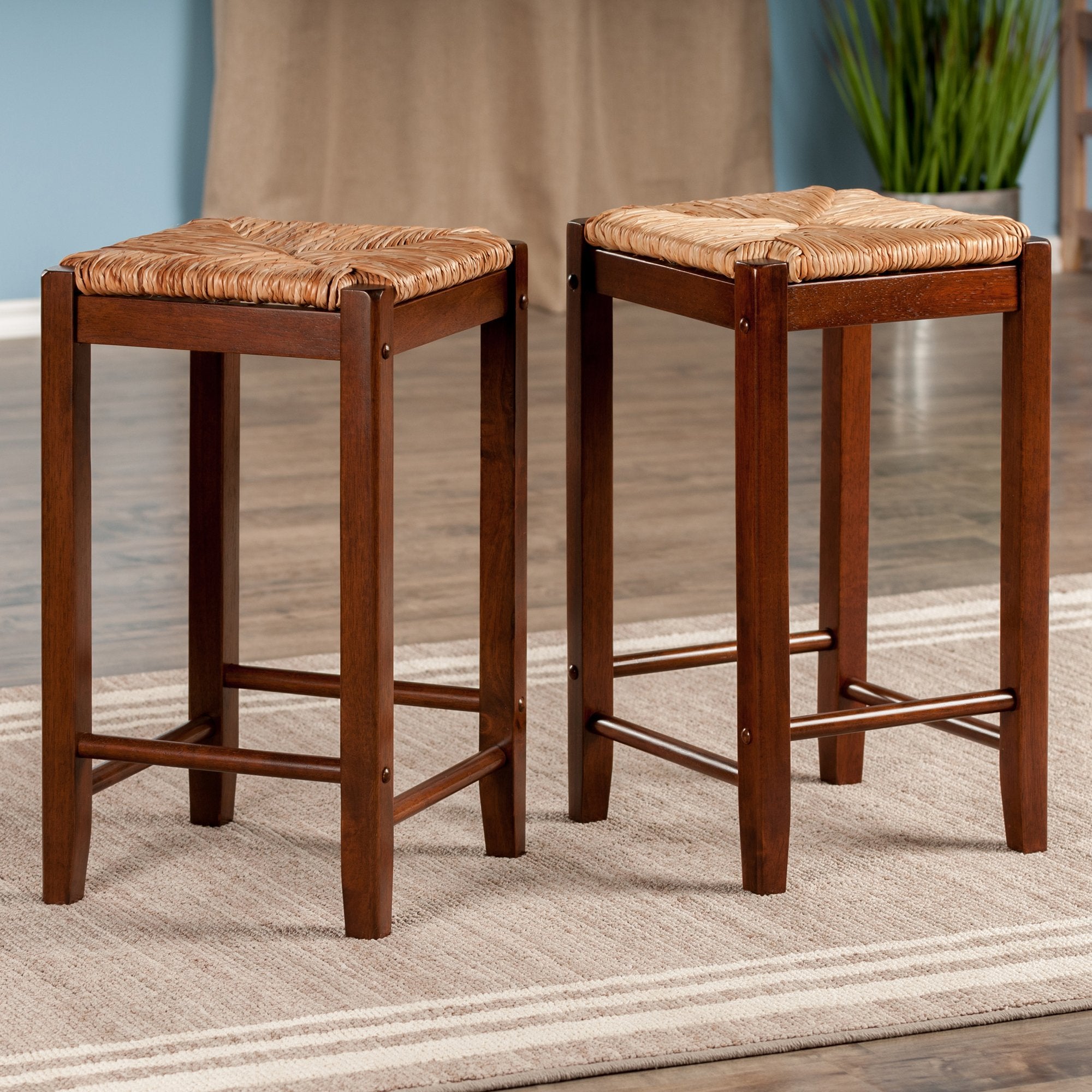 Winsome 2 Piece Bar Stools Rush Seat Kaden Set, Walnut