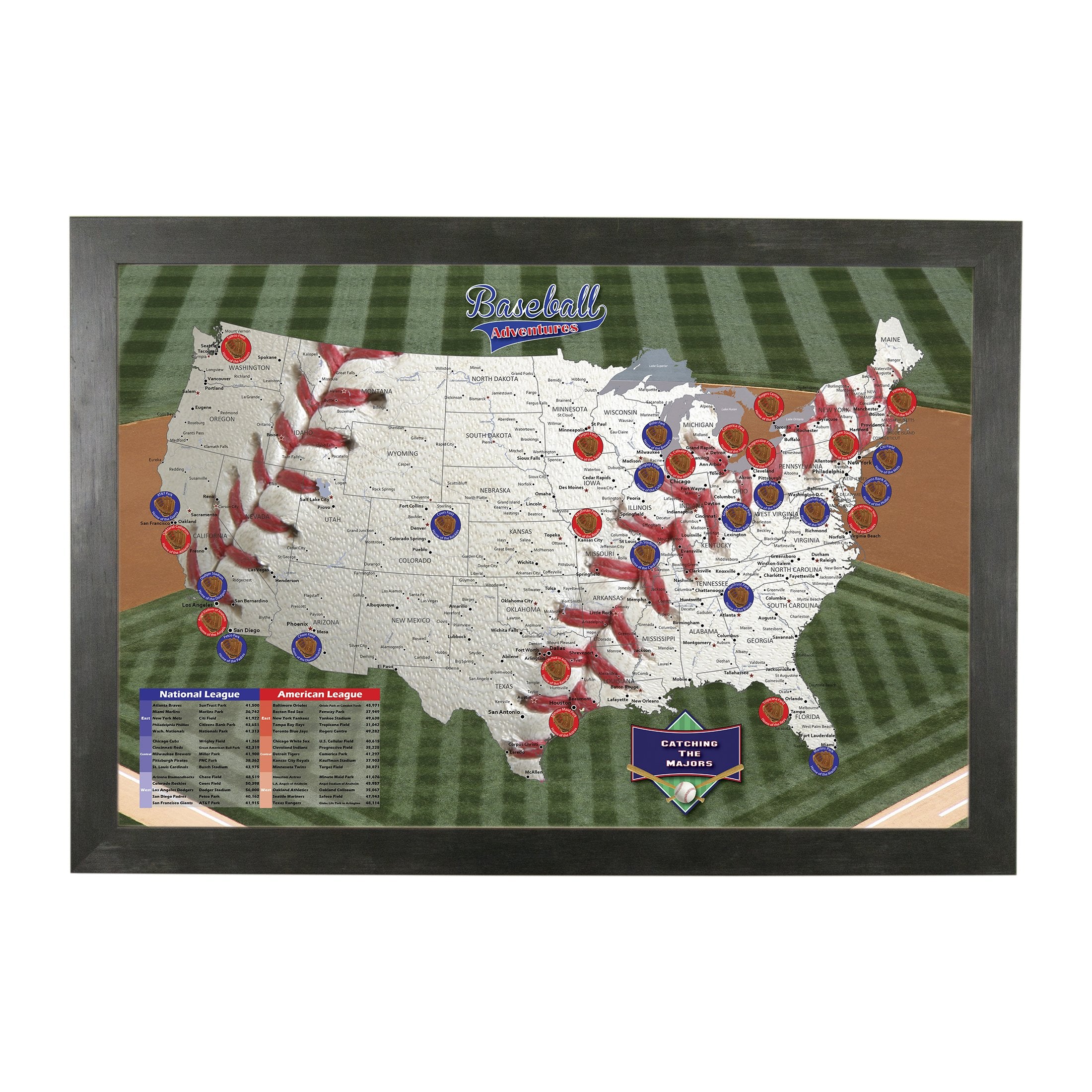 Push Pin Travel Maps Customizable Wall Art - Baseball Adventures - Rustic Black - Framed Pin Map, Includes 150 Pins - Handcrafte
