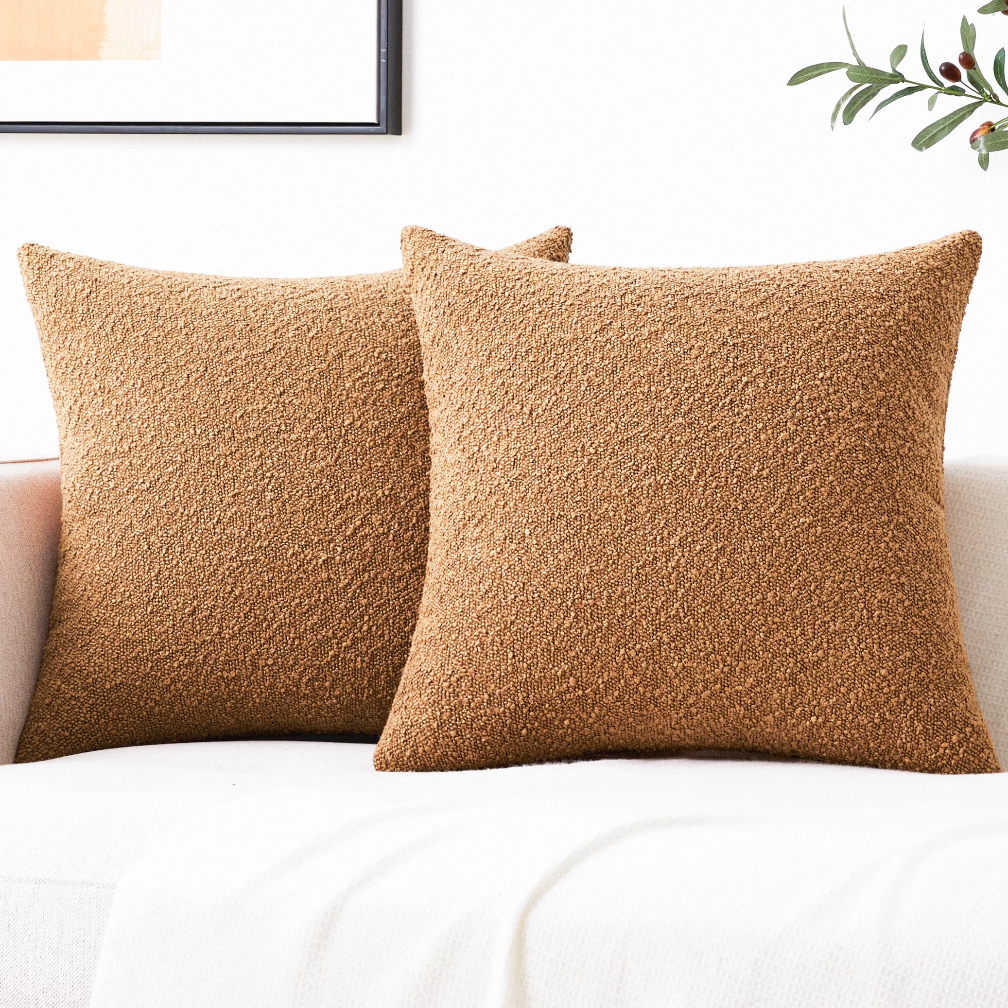 Mixhug Decorative Boucle Throw Pillow Covers, Tobacco Brown, 20 X 20 Inches, Pack Of 2 - Textured Boho Pillow Covers For Couch A