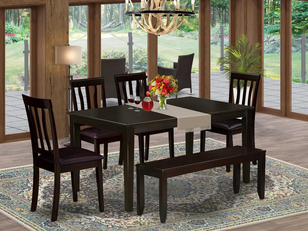 East West Furniture CAAN6-CAP-LC Capri 6 Piece Set Contains a Rectangle Dining Room Table and 4 Faux Leather Kitchen Chairs with a Bench, 36x60 Inch