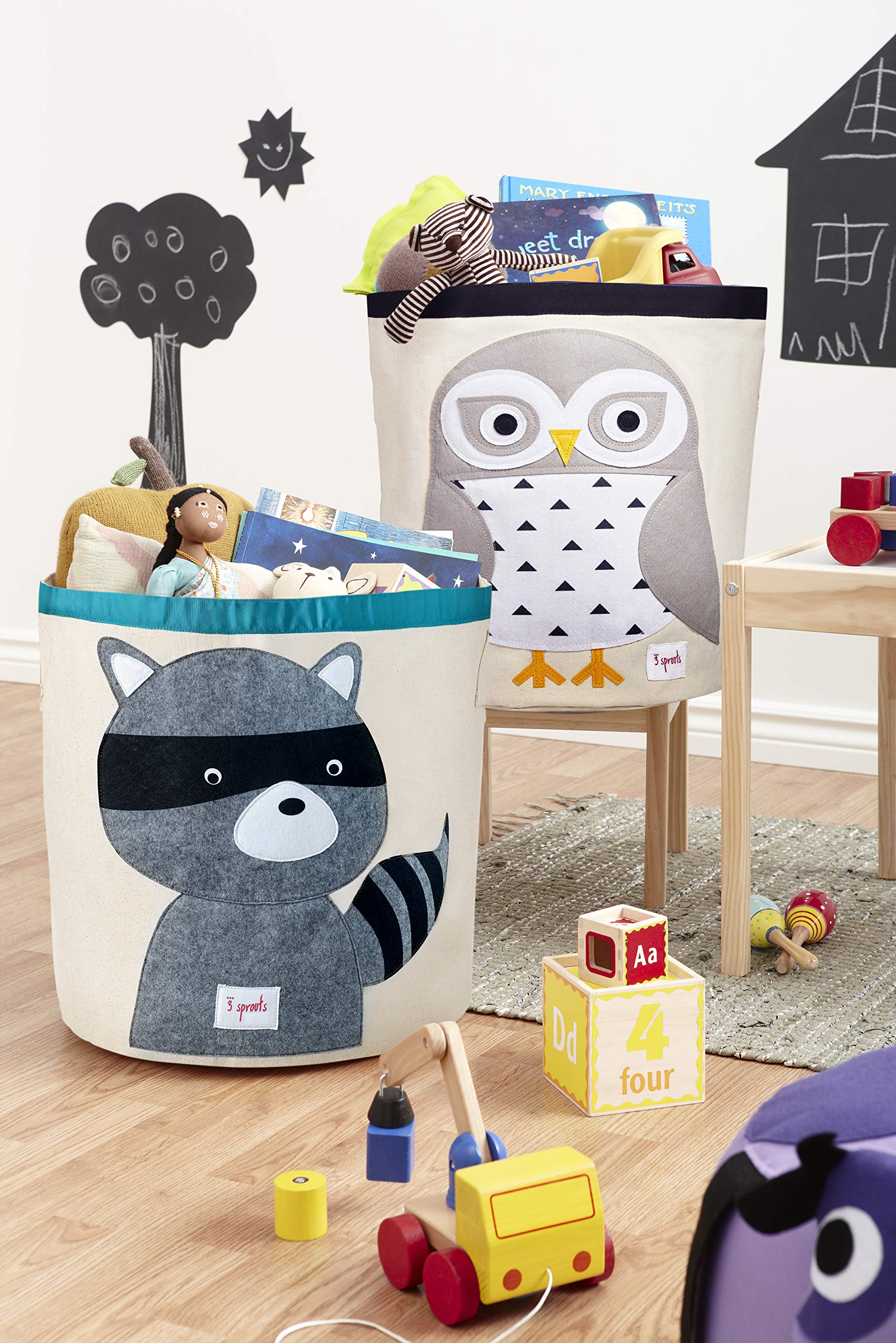 3 Sprouts Large Toy Storage Basket - Durable Kids & Baby Toy Bin With Handles For Toy Basket Storage, Round Hamper For Laundry In Nursery & Playroom, Snowy Owl