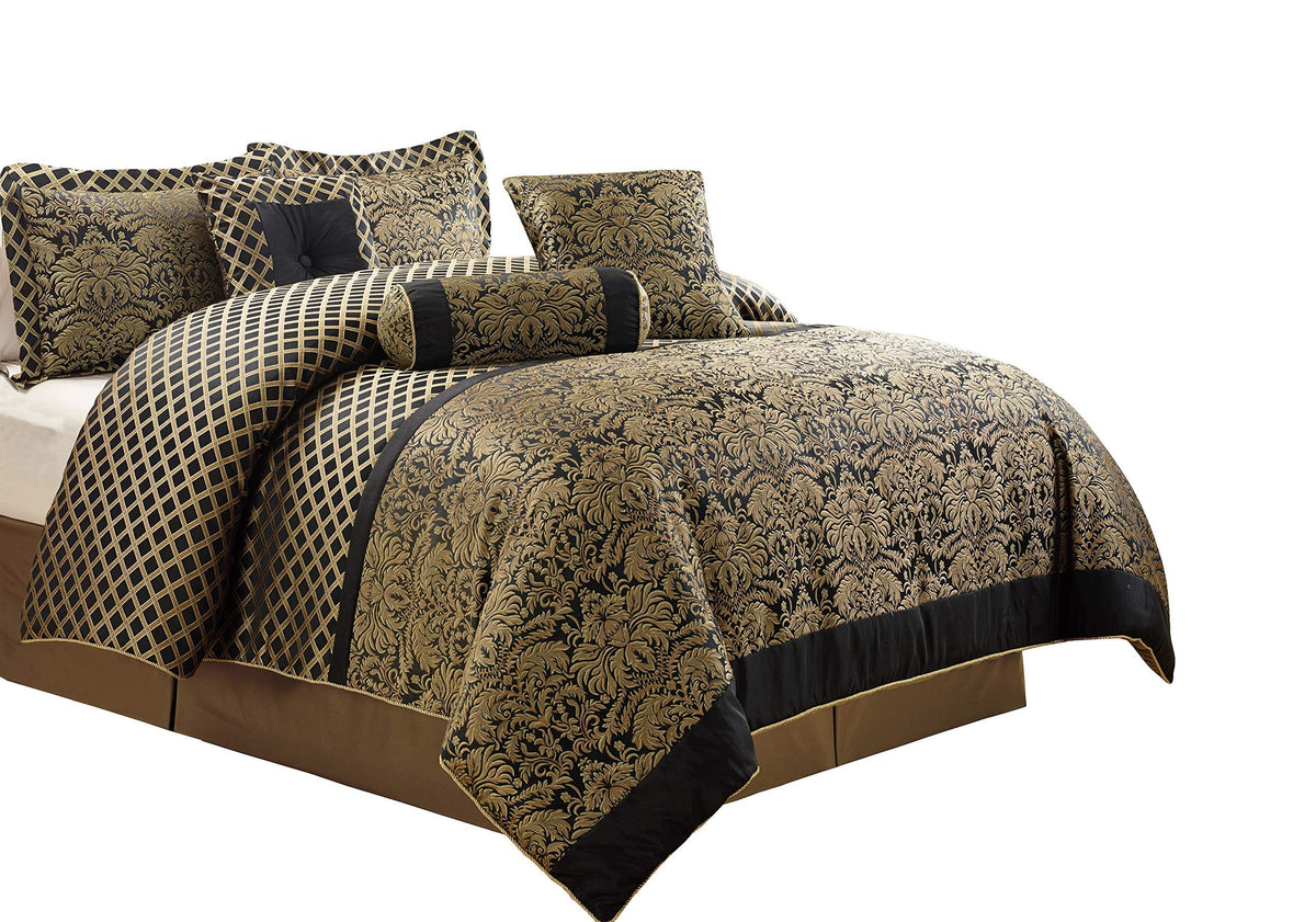 Chezmoi Collection Lisbon 7-Piece Jacquard Floral Comforter Set, California King, Black/Gold