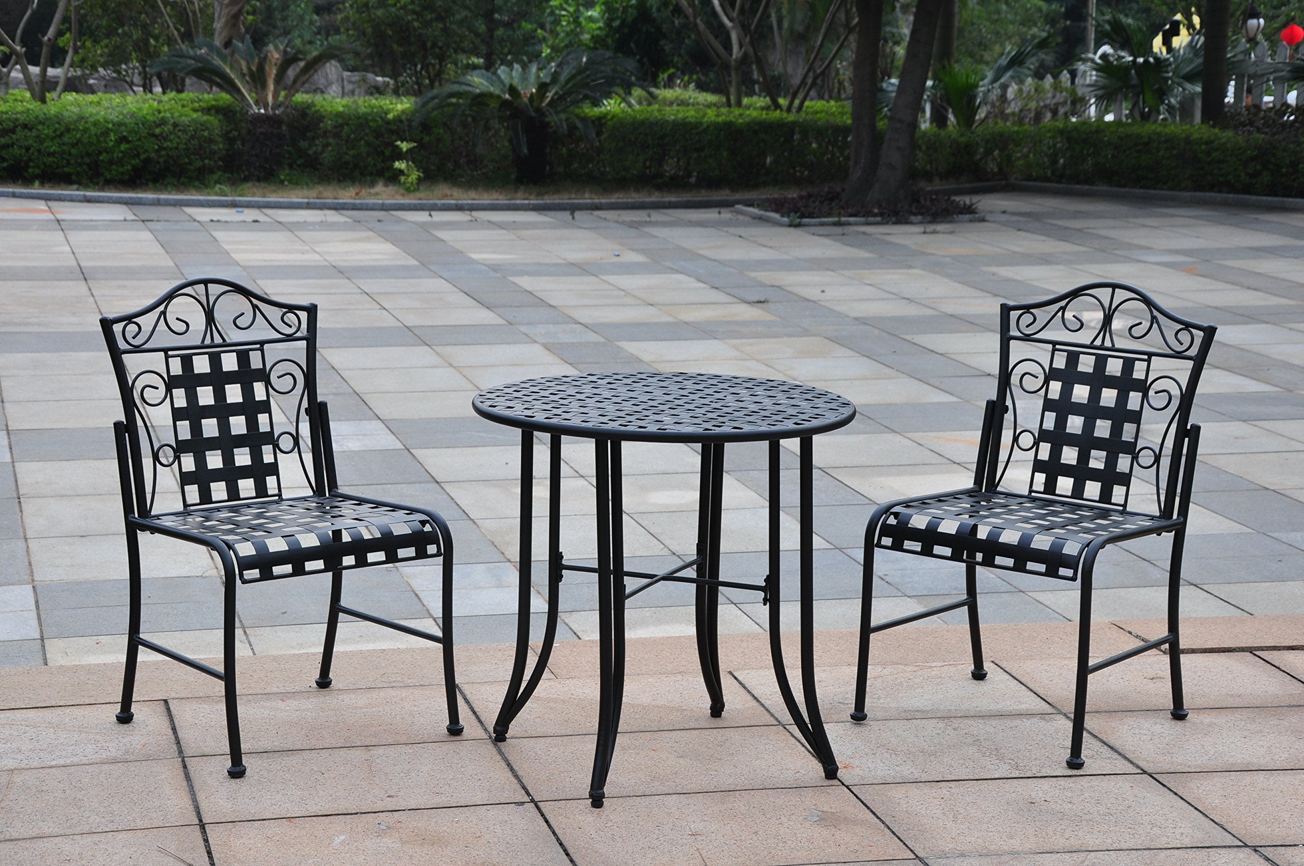 International Caravan 200380-Og-165254-O-852719 Wrought Iron Patio Bistro Set In Black Finish, Matte Brown
