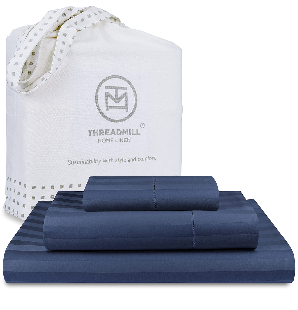 Threadmill 500 Thread Count Twin Size Damask Stripe, 3 Pc Luxury Cotton Bedding Set, Breathable Folkstone Blue Sheets With 15'