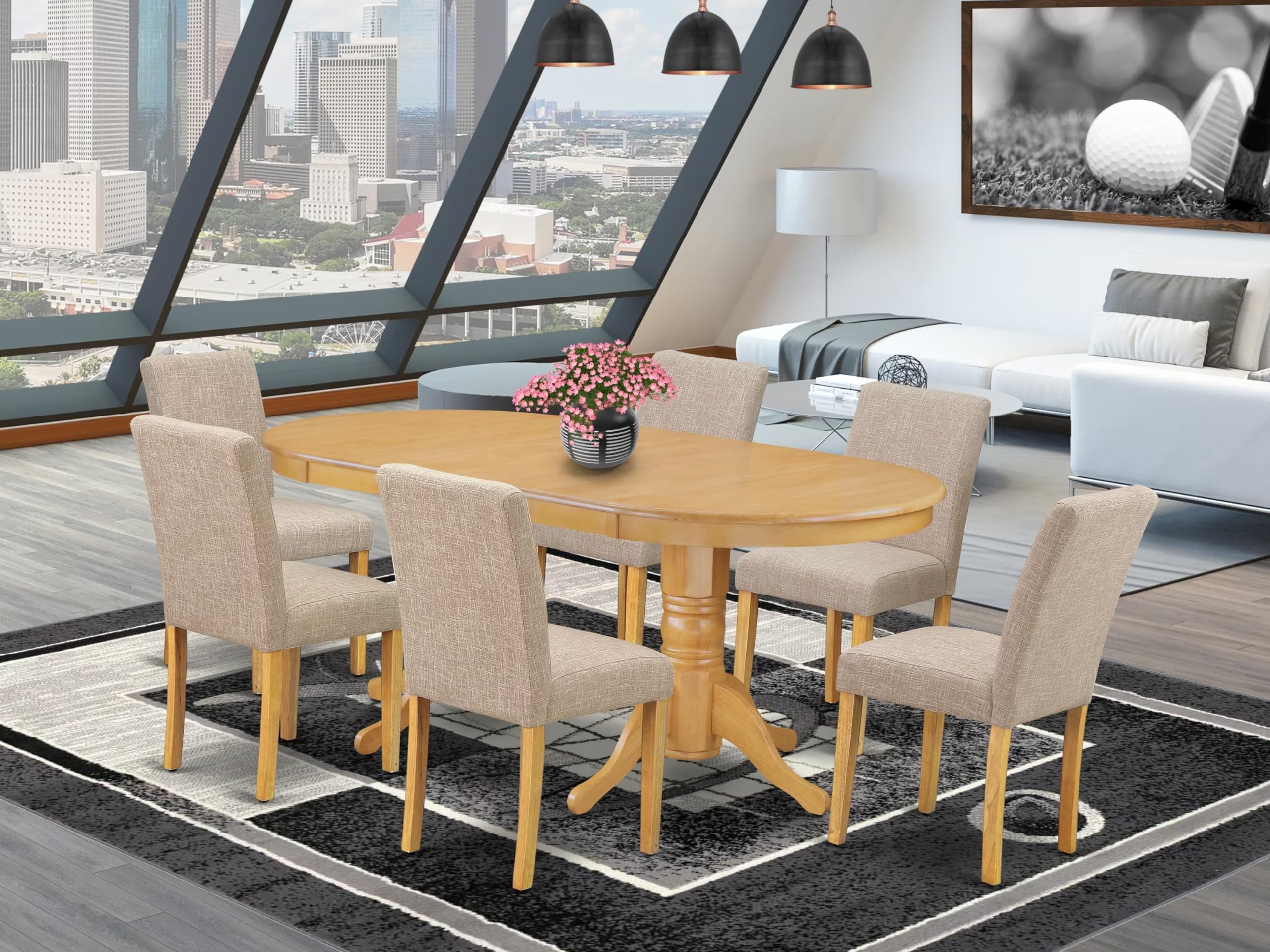 East West Furniture Vaab7-Oak-04 7 Piece Dinette Set Consist Of An Oval Dining Room Table With Butterfly Leaf And 6 Light Tan Linen Fabric Upholstered Chairs, 40X76 Inch, Oak