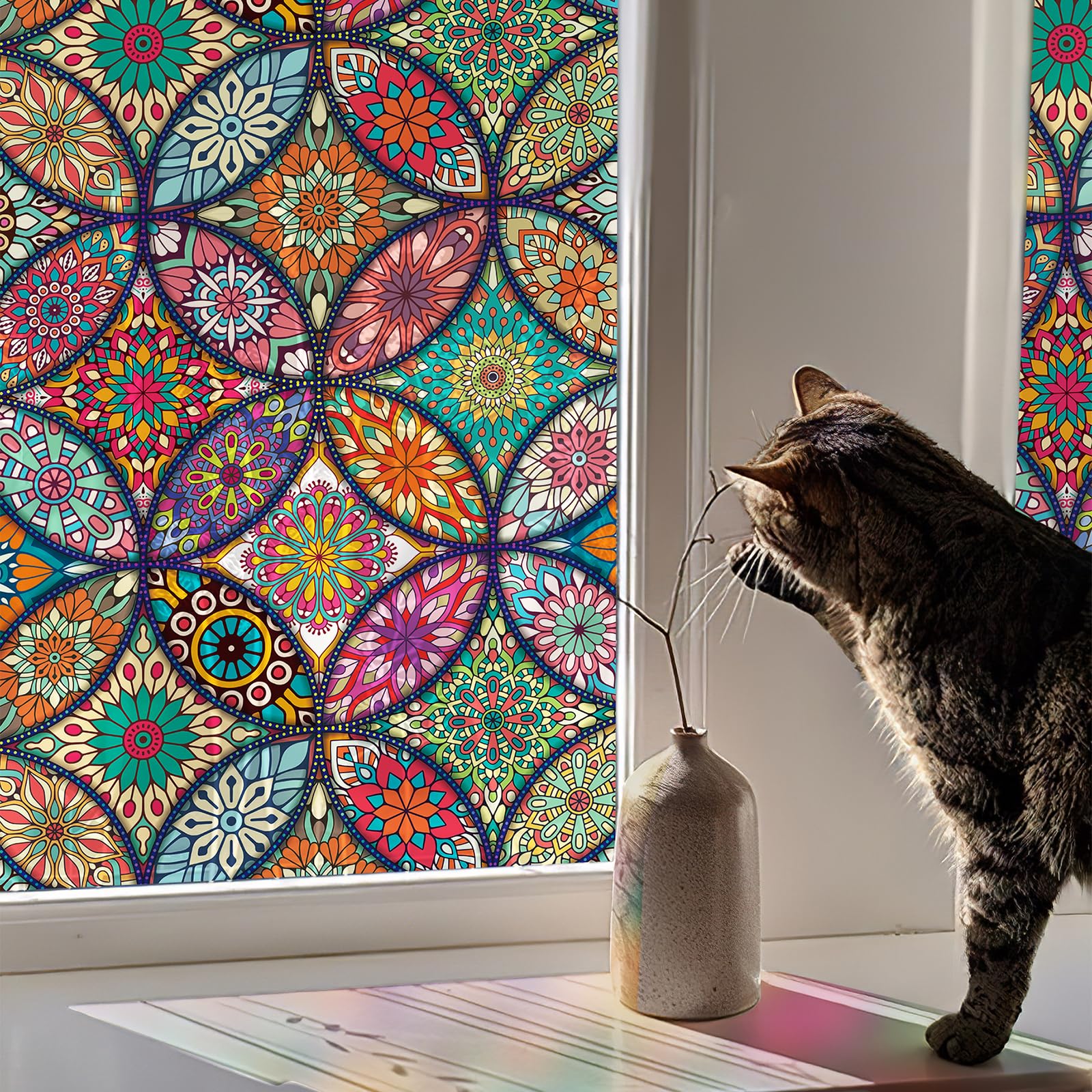 JiffDiff Stained Glass Window Film Privacy Decorative Tinting Film for Home Frosted Bathroom Window Coverings Static Cling Non-A