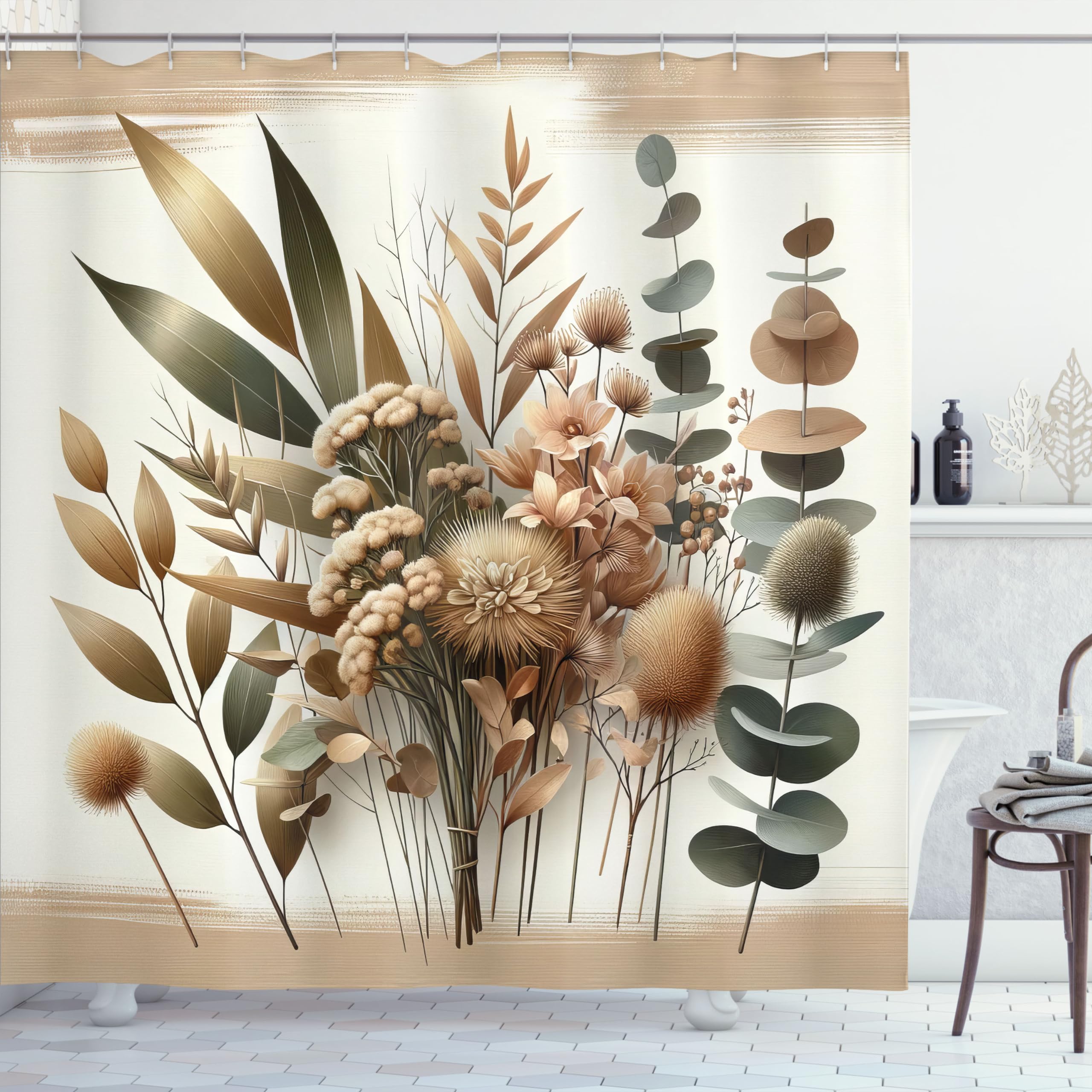 Ambesonne Tan Shower Curtain, Vintage Boho Vibes Ombre Tones Botanical Elements Eucalyptus Leaves, Cloth Fabric Bathroom Decor S