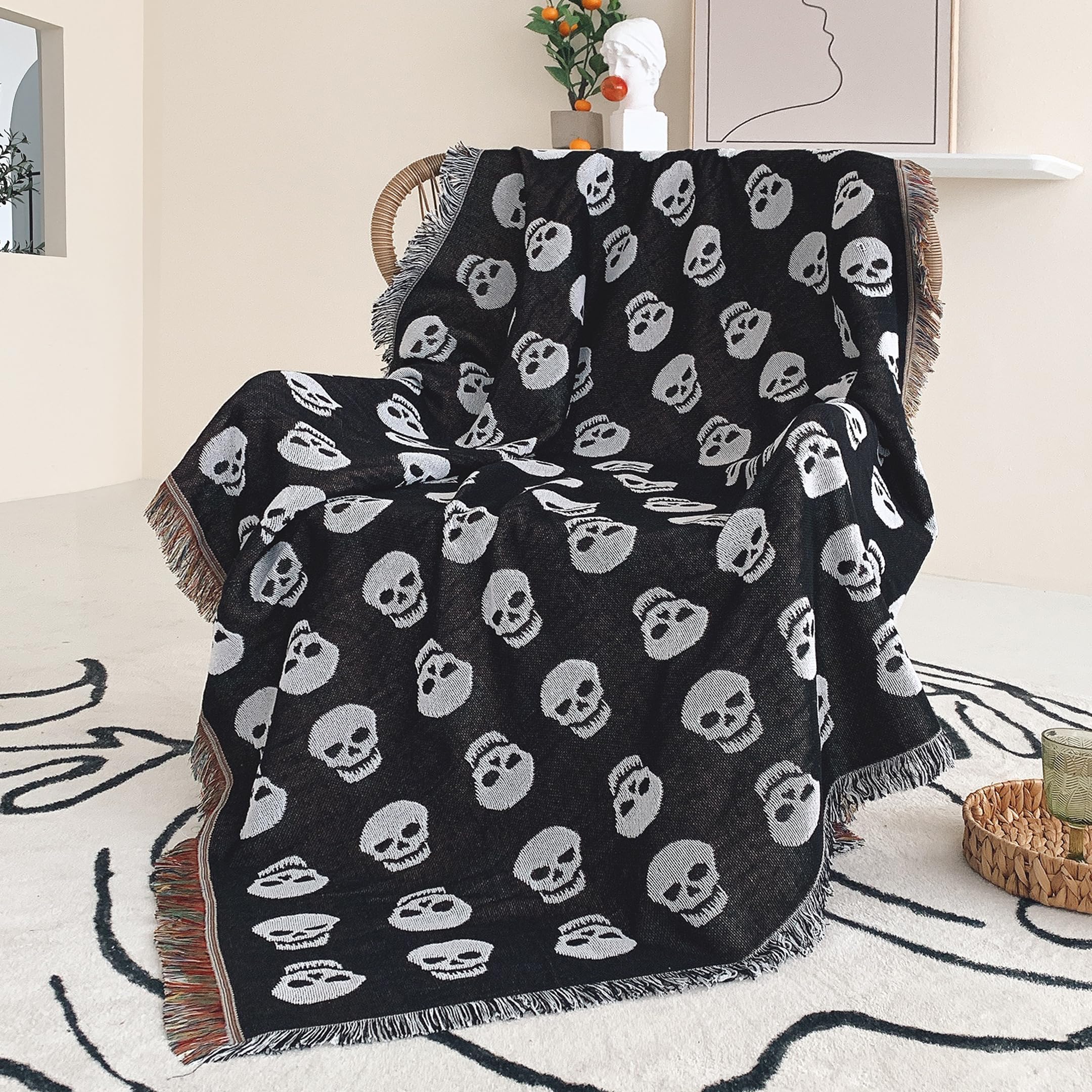 Shesyuki Boho Throw Blanket Reversible Cotton Bohemian Tapestry Hippie Room Decor Double Sided (Boho Skull Print Black 50'X60'