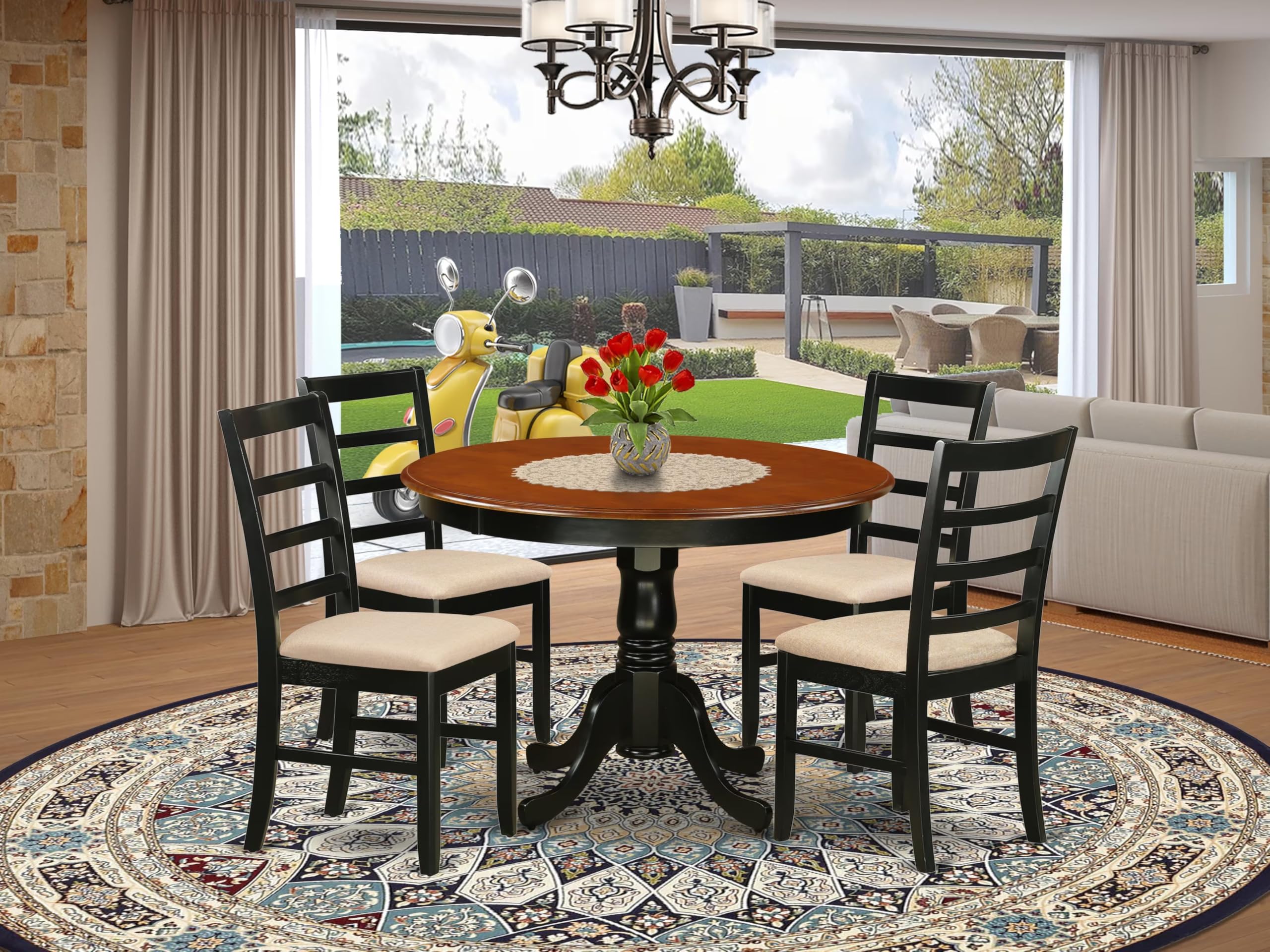 East West Furniture HLPF5-BCH-C 5 Piece Dining Set Includes a Round Dining Table with Pedestal and 4 Linen Fabric Kitchen Room Chairs, 42x42 Inch, Black & Cherry