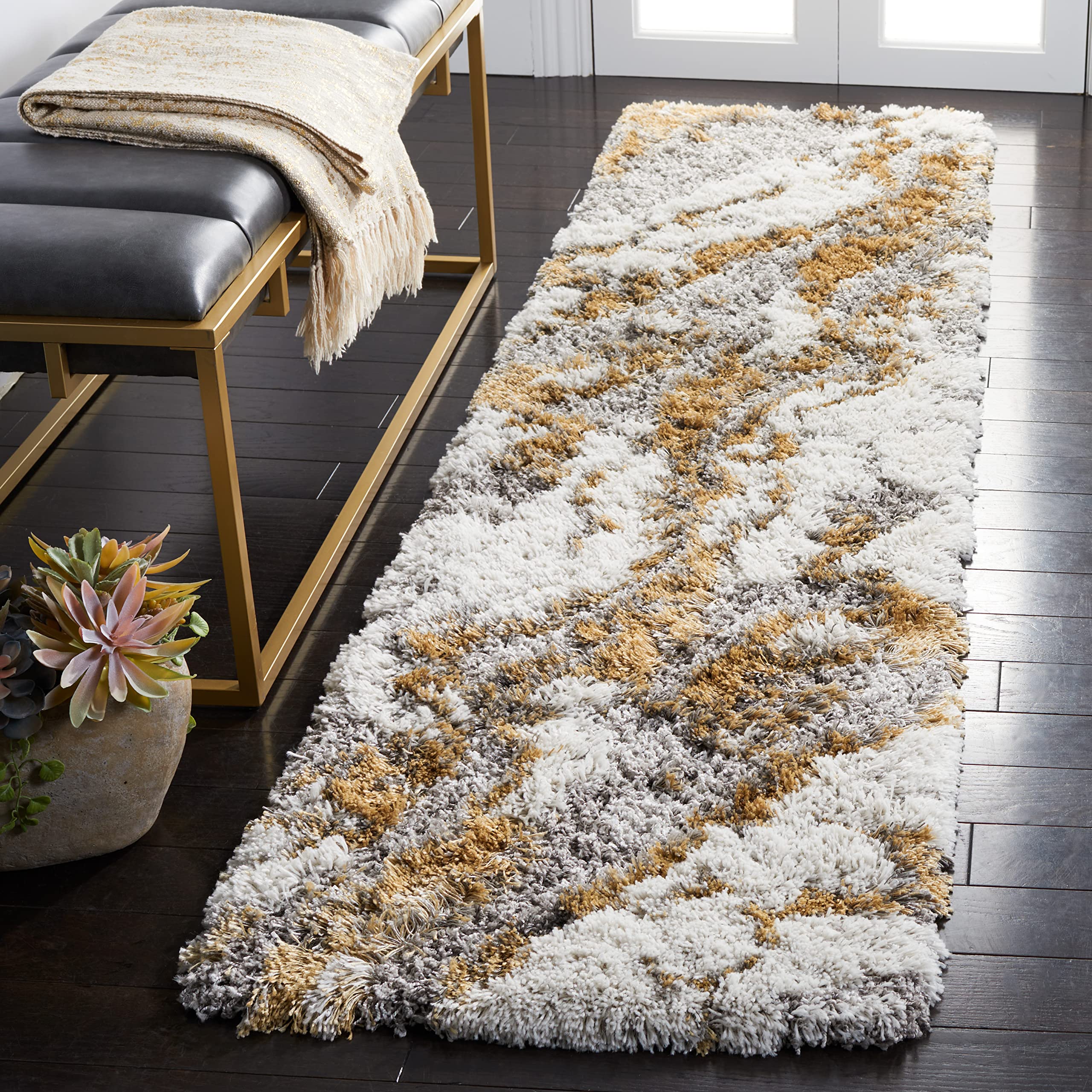 SAFAVIEH Horizon Shag Collection Runner Rug - 2 x 7, Grey & Gold, Modern Abstract Design, Non-Shedding & Easy Care, 2.6-inch T