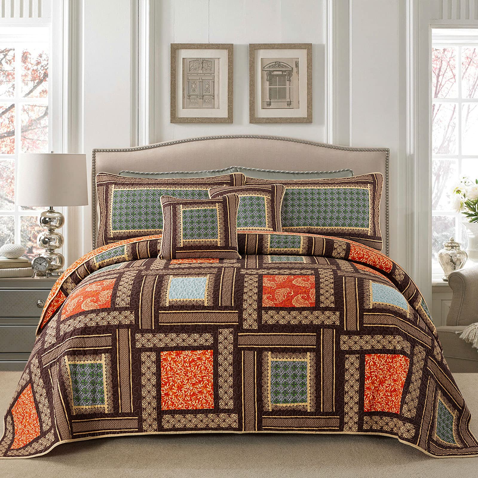 Newlake Cotton Patchwork Bedspread, 3-Piece Bedding Quilt Set With Real Stitched Embroidery, Reversible Matelasse Bed Coverlet S