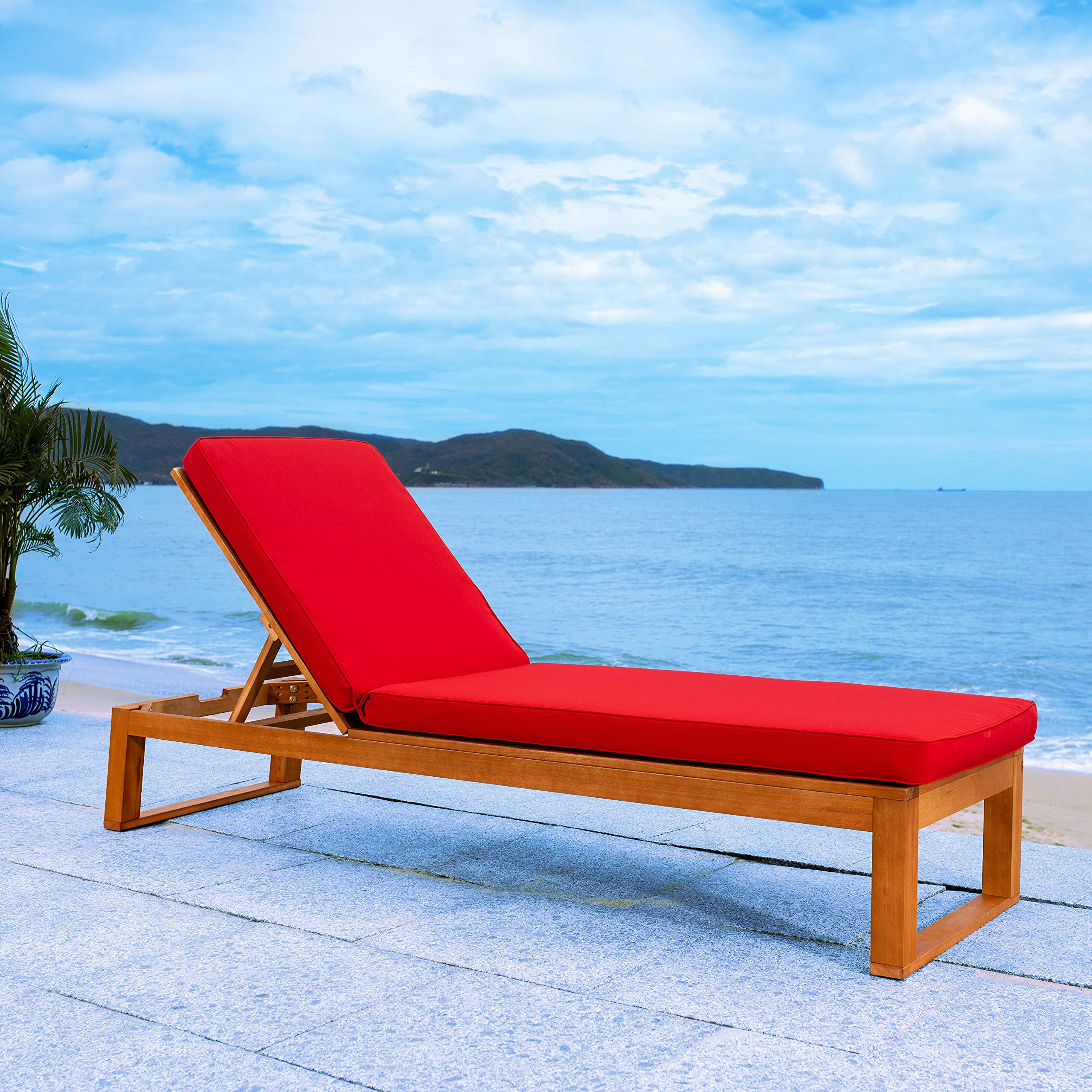 Safavieh Outdoor Collection Solano Natural Brown Solid Wood/Red Cushion Patio Adjustable Chaise Lounge Chair (Pat7024R)