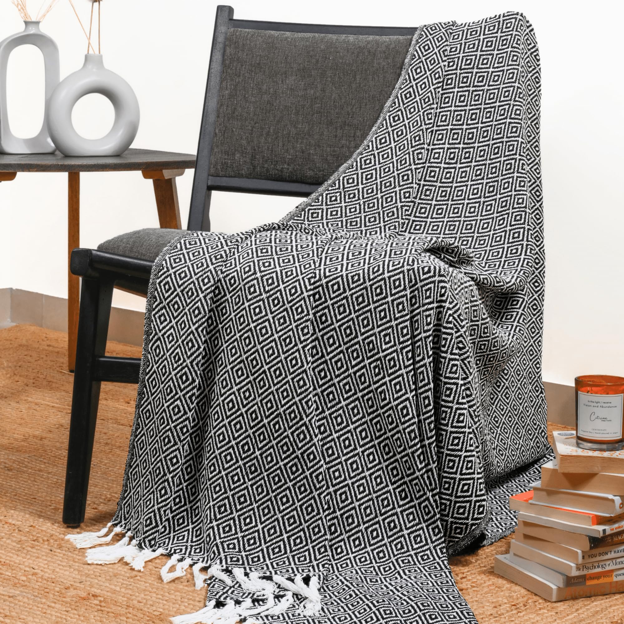 Rajrang Black Throw Blanket Woven Country Rustic 100% Cotton Luxury Quality Sofa Couch Bed Throws Mini Diamond 50 X 60 Inches