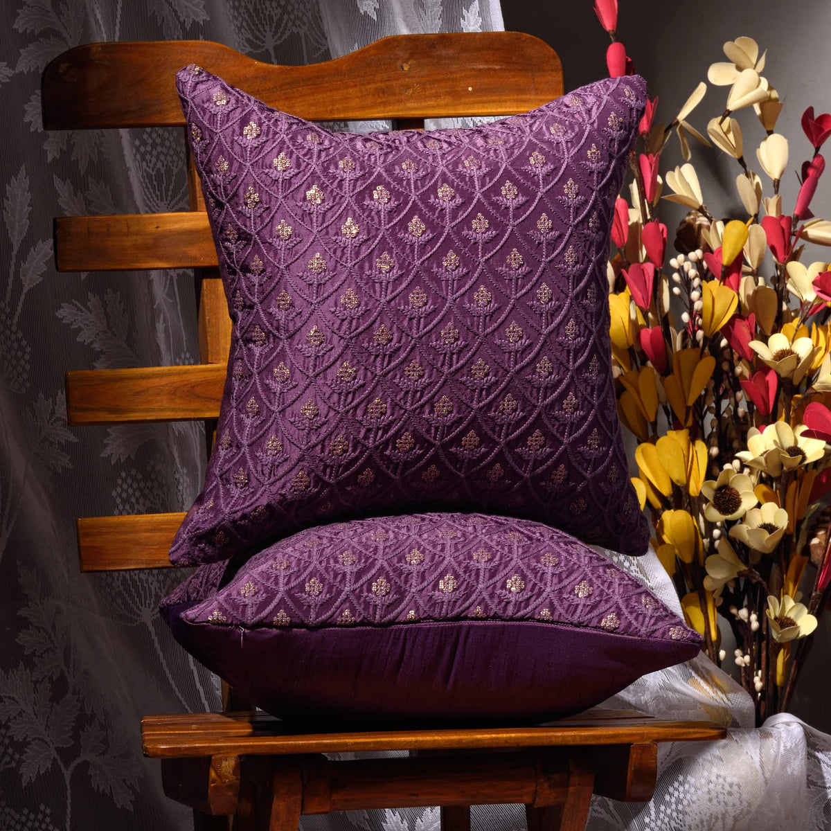 Scarlett Linens Embroidered Cushion Covers 16X16 Inches Pack Of 1 | Purple Pillows Decorative | Plum Pillows With Thread And Seq