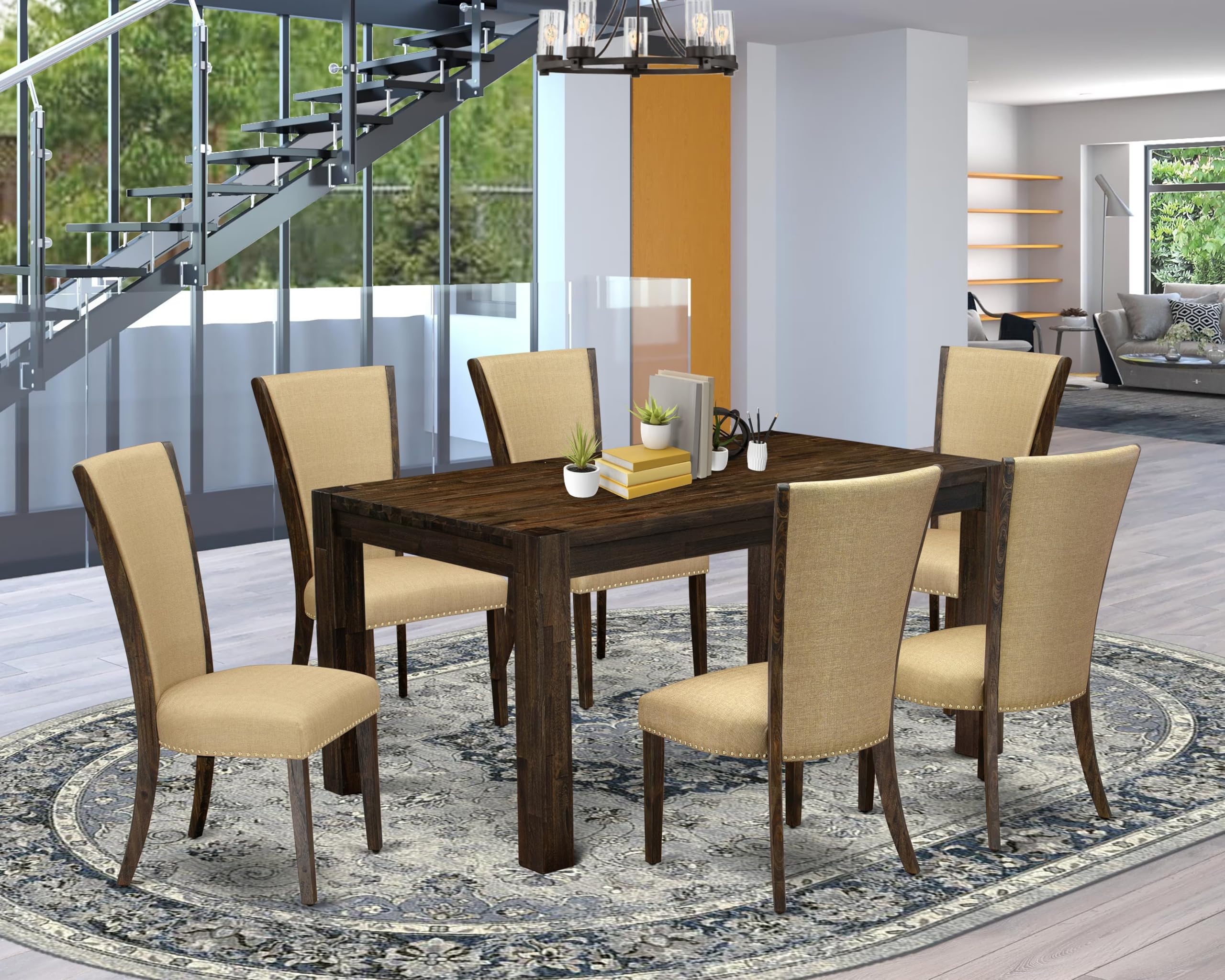 East West Furniture Cnve7-77-03 7 Piece Dining Set Consists Of A Rectangle Rustic Wood Dining Room Table And 6 Brown Linen Fabric Upholstered Chairs, 36X60 Inch, Jacobean