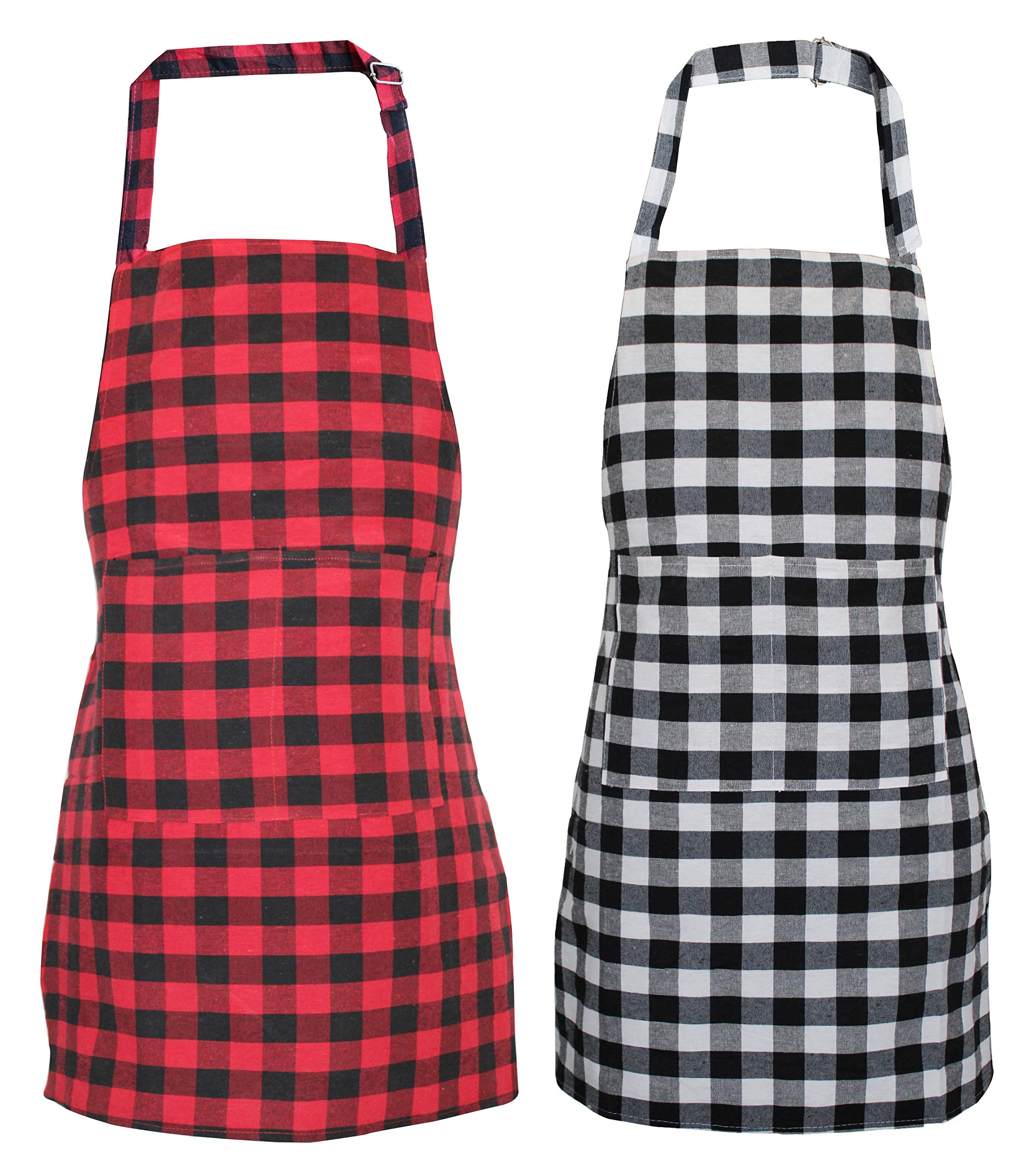 Glun Waterproof Unisex Kitchen Checkered Design Apron With 2 Roomy Size Front Centre Pocket And Adjustable Neck Strap (Pack Of 2