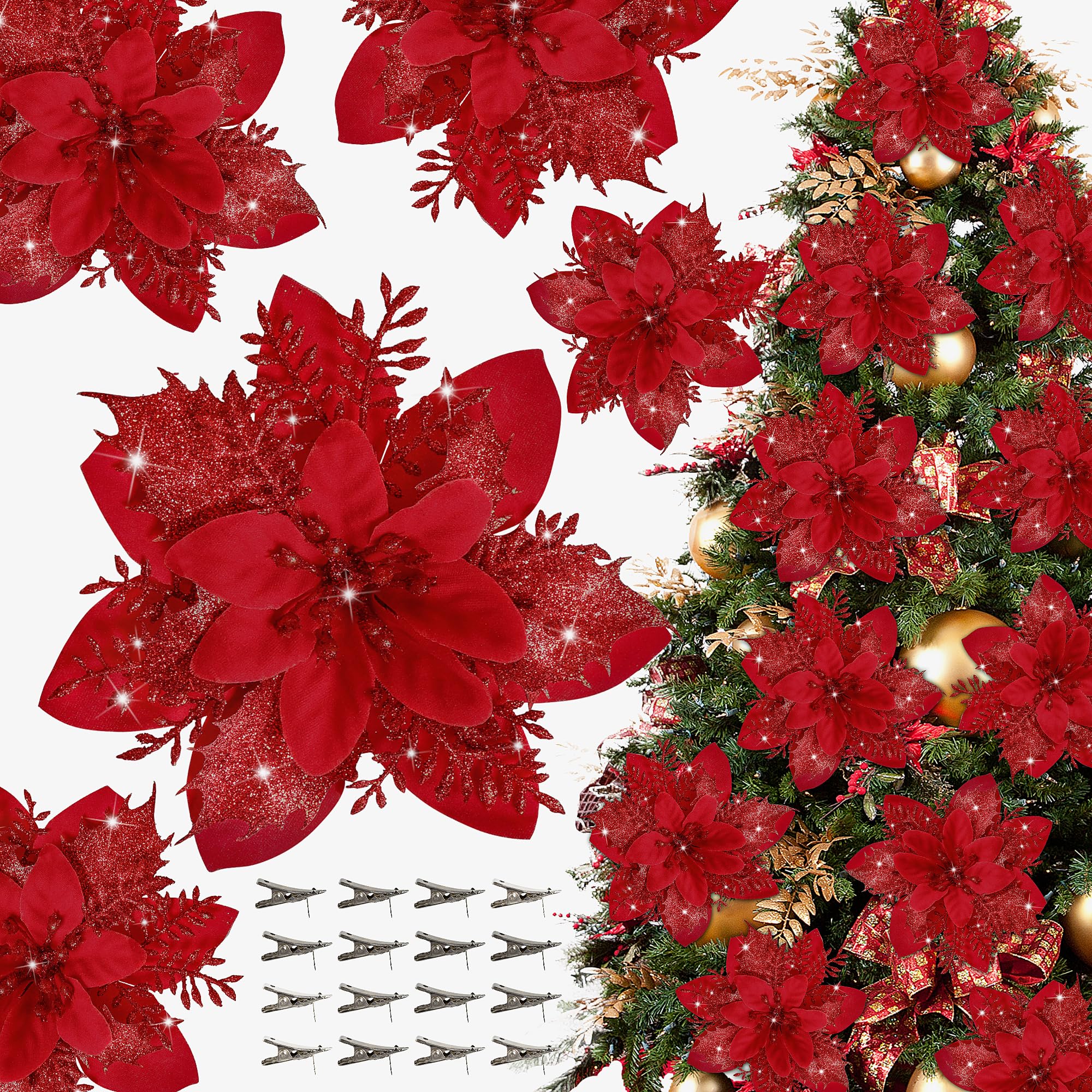 16 PCS Poinsettia Flower Artificial Poinsettia with Clips Christmas Decor Glitter Poinsettia Christmas Ornaments Christmas Tree 
