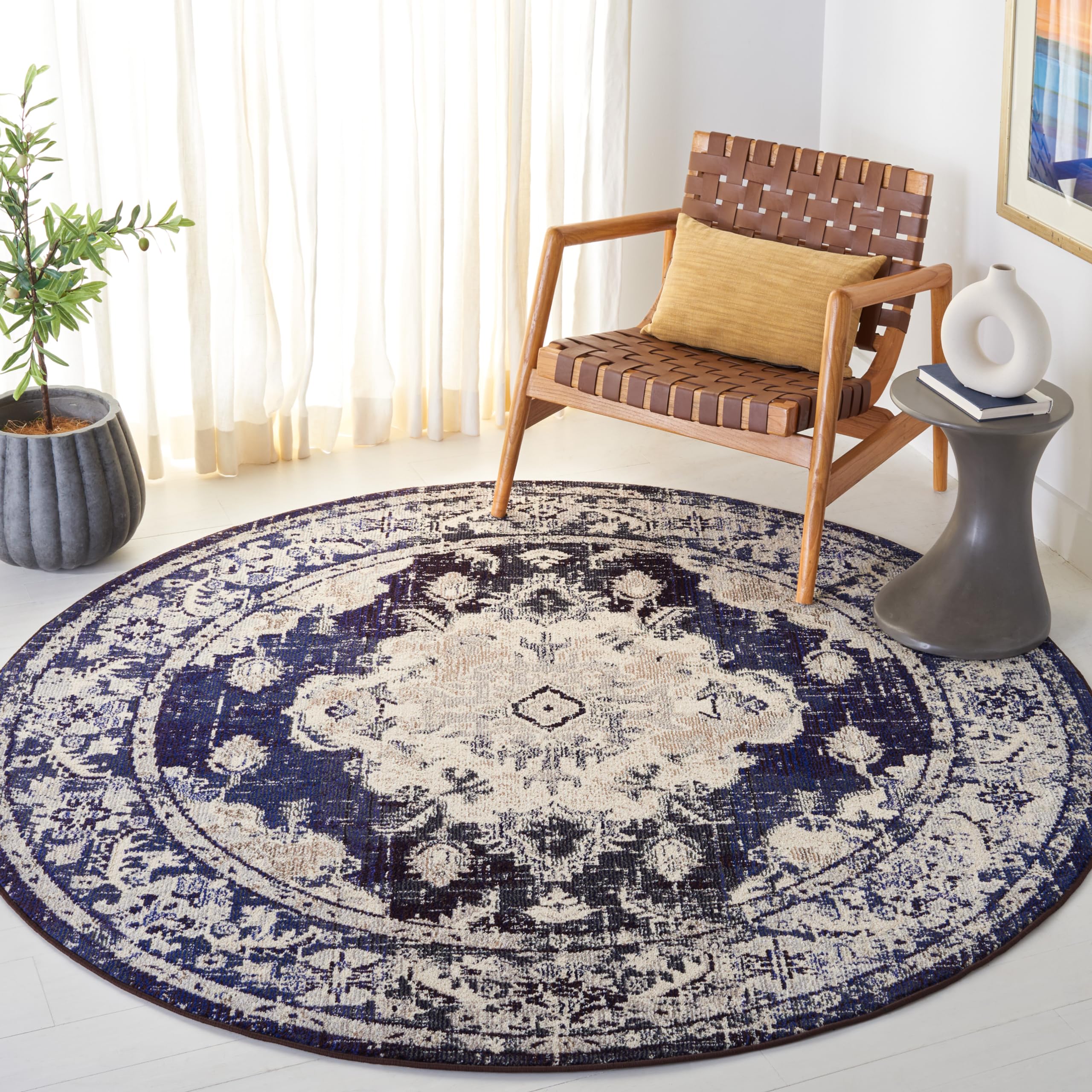SAFAVIEH Monaco Collection Round Rug - 67 Round, Ivory & Navy, Traditional Design, Slip Resistant & Stain Resistant, Ideal for 