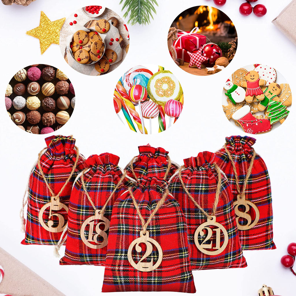 Christmas 24 Days Advent Calendar Xmas Countdown Wooden Numbers With 24 Pieces Buffalo Check Drawstring Christmas Bags For Party