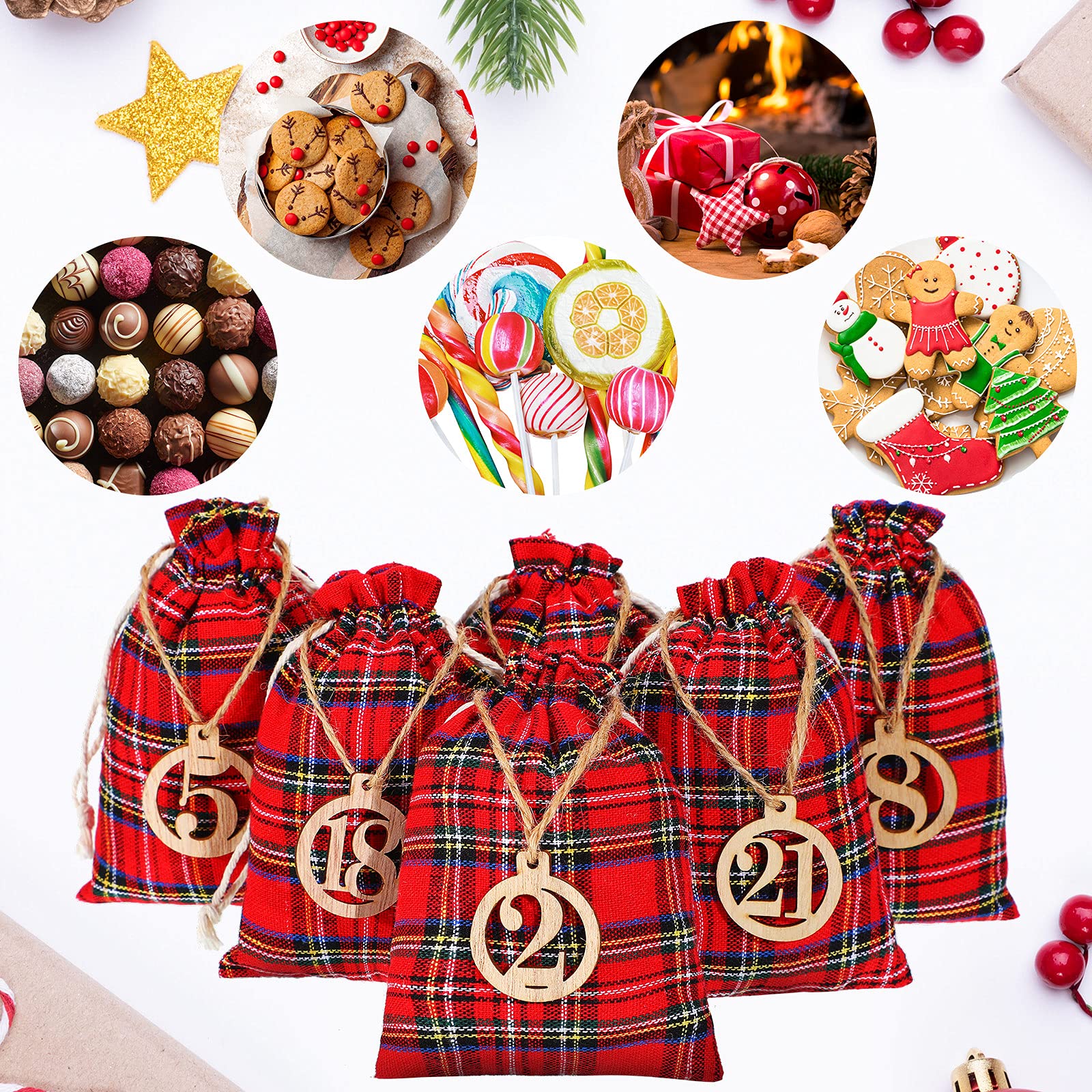 Christmas 24 Days Advent Calendar Xmas Countdown Wooden Numbers With 24 Pieces Buffalo Check Drawstring Christmas Bags For Party