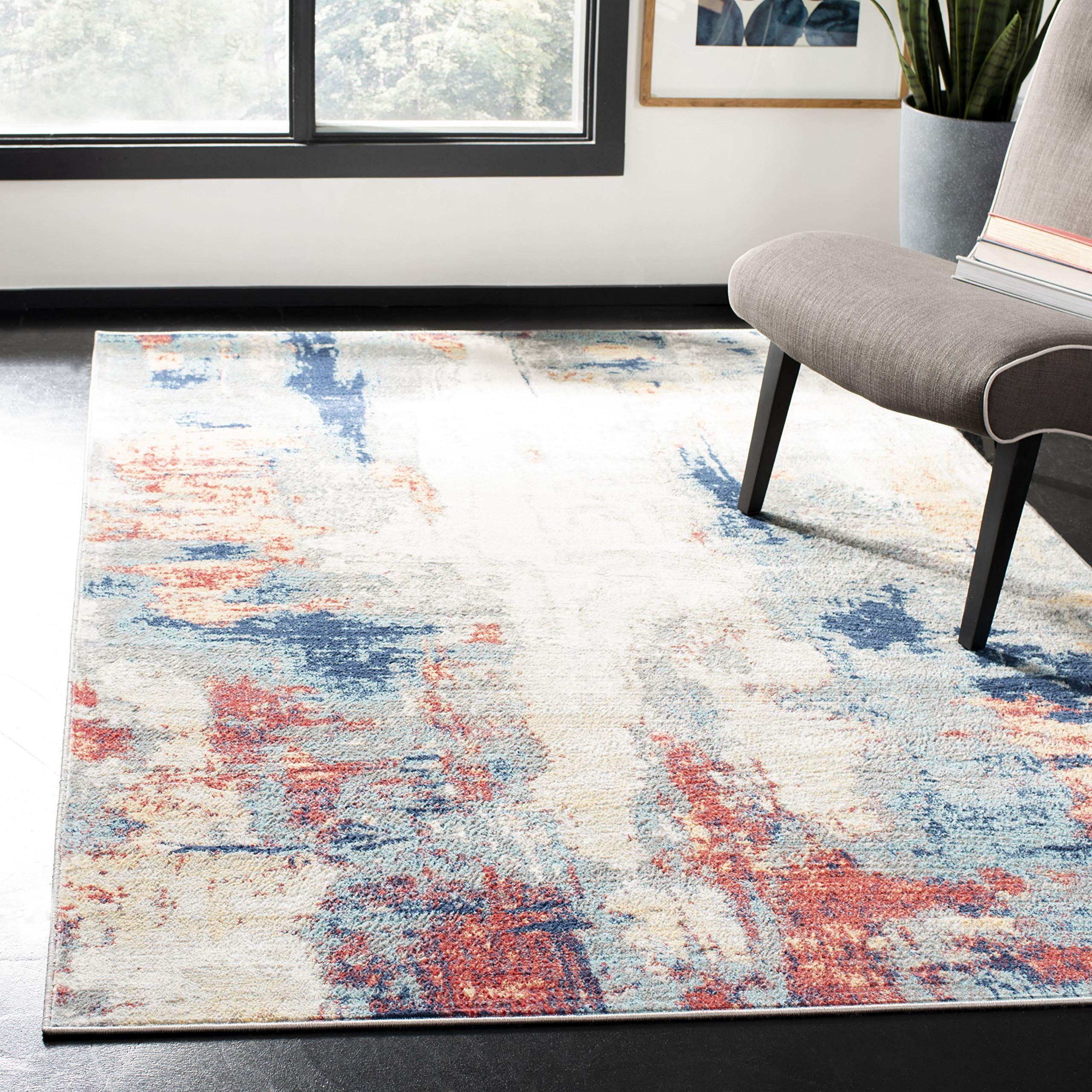 SAFAVIEH Jasper Collection 9 Square Grey / Red JSP101C Modern Abstract Non-Shedding Living Room Bedroom Dining Home Office Area