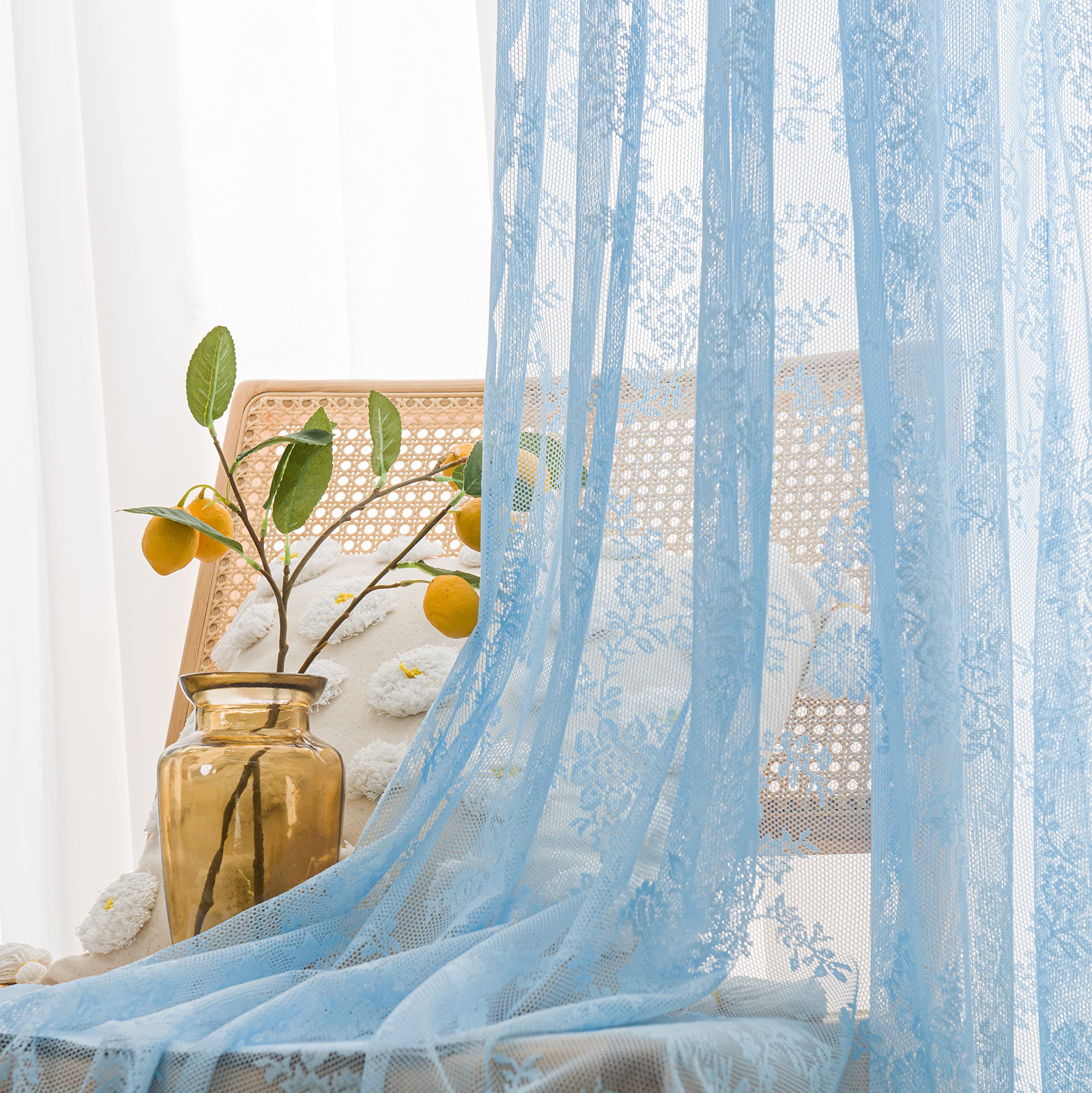 Sutuo Home Lace Curtains 72 Inches Length 2 Panels Set, Blue Sheer Window Panels Floral Embroidery Shabby Chic Vintage Voile Win