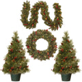 National Tree Company National Pre-lit White LED Lights Holiday Christmas 4-Piece Set | Garland, Wreath and Set of 2 Entrance Tr