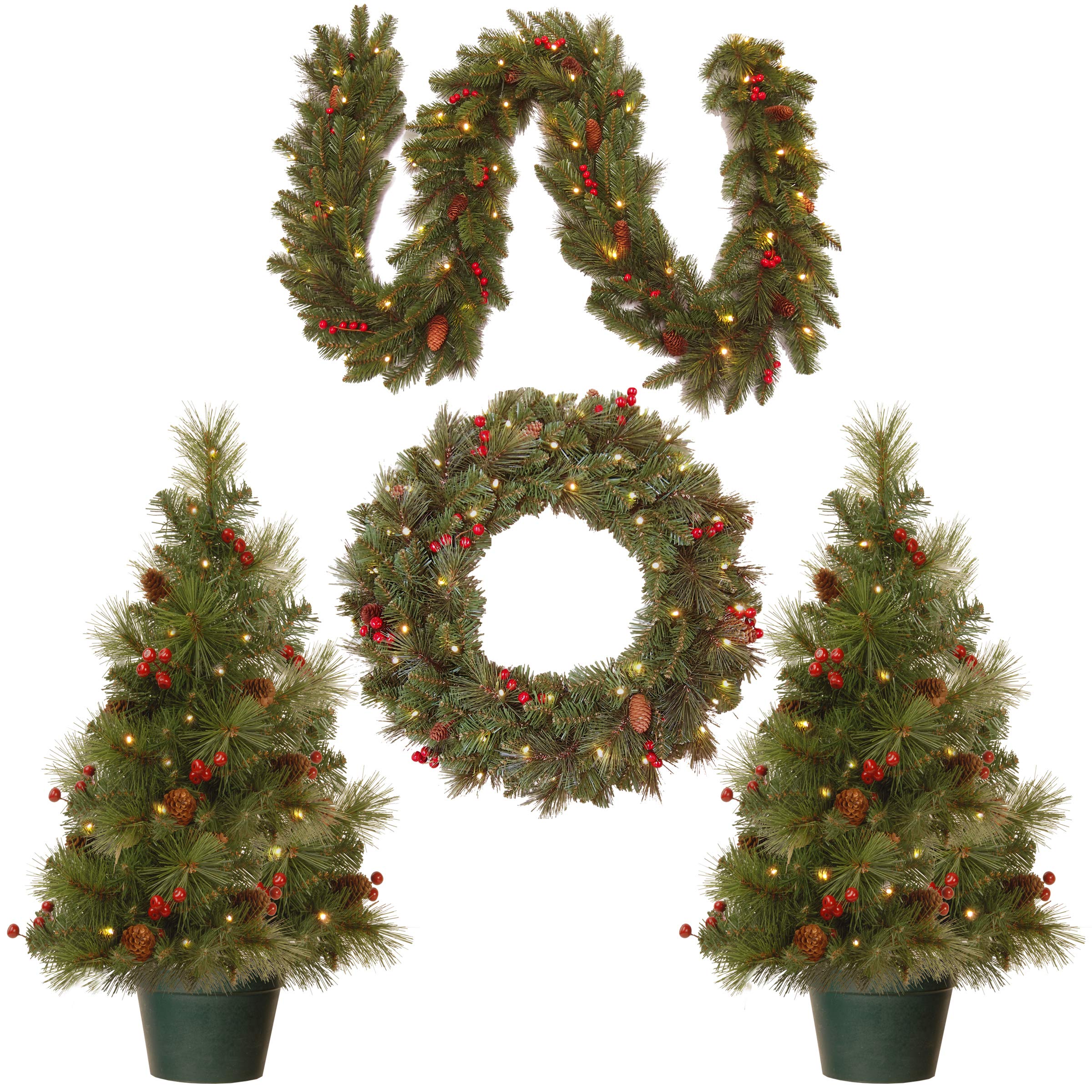 National Tree Company National Pre-lit White LED Lights Holiday Christmas 4-Piece Set | Garland, Wreath and Set of 2 Entrance Tr