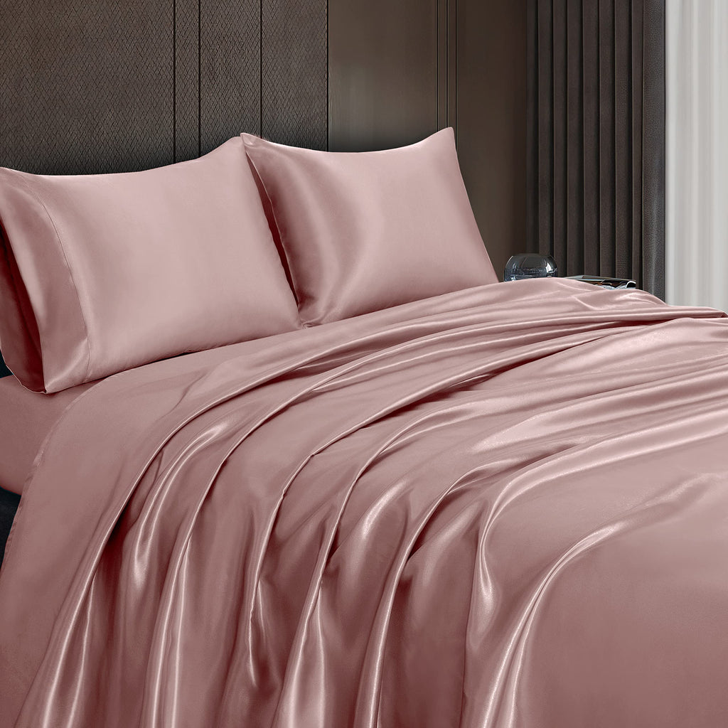 Homiest 3Pcs Satin Sheets Set Luxury Silky Satin Bedding Set With Deep Pocket, 1 Fitted Sheet + 1 Flat Sheet + 1 Pillowcase (Twin Size, Rose Gold)