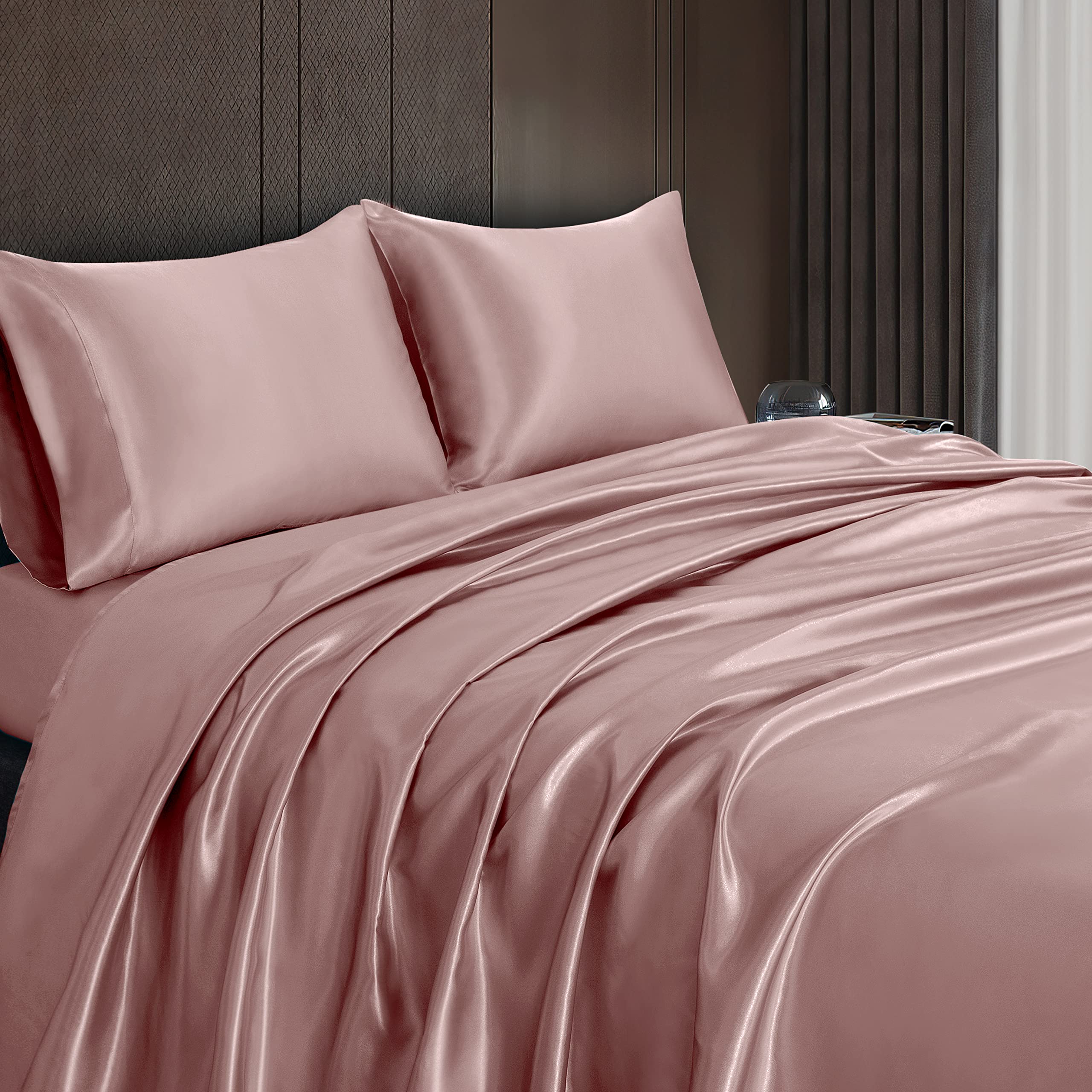 Homiest 3Pcs Satin Sheets Set Luxury Silky Satin Bedding Set With Deep Pocket, 1 Fitted Sheet + 1 Flat Sheet + 1 Pillowcase (Twin Size, Rose Gold)