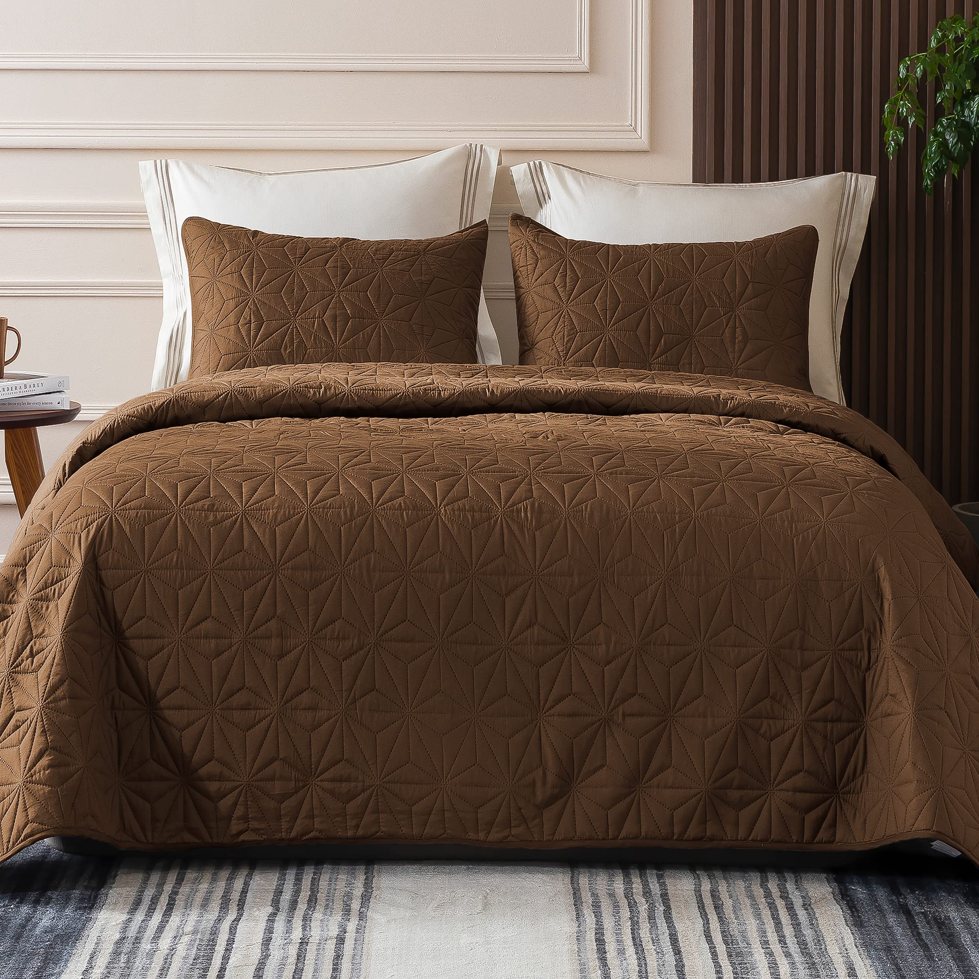 Whale Flotilla Twin Size Quilt Bedding Set, Soft Brown Twin Xl Quilts Bedspreads For All Seasons, Lightweight Geometric Star Pat