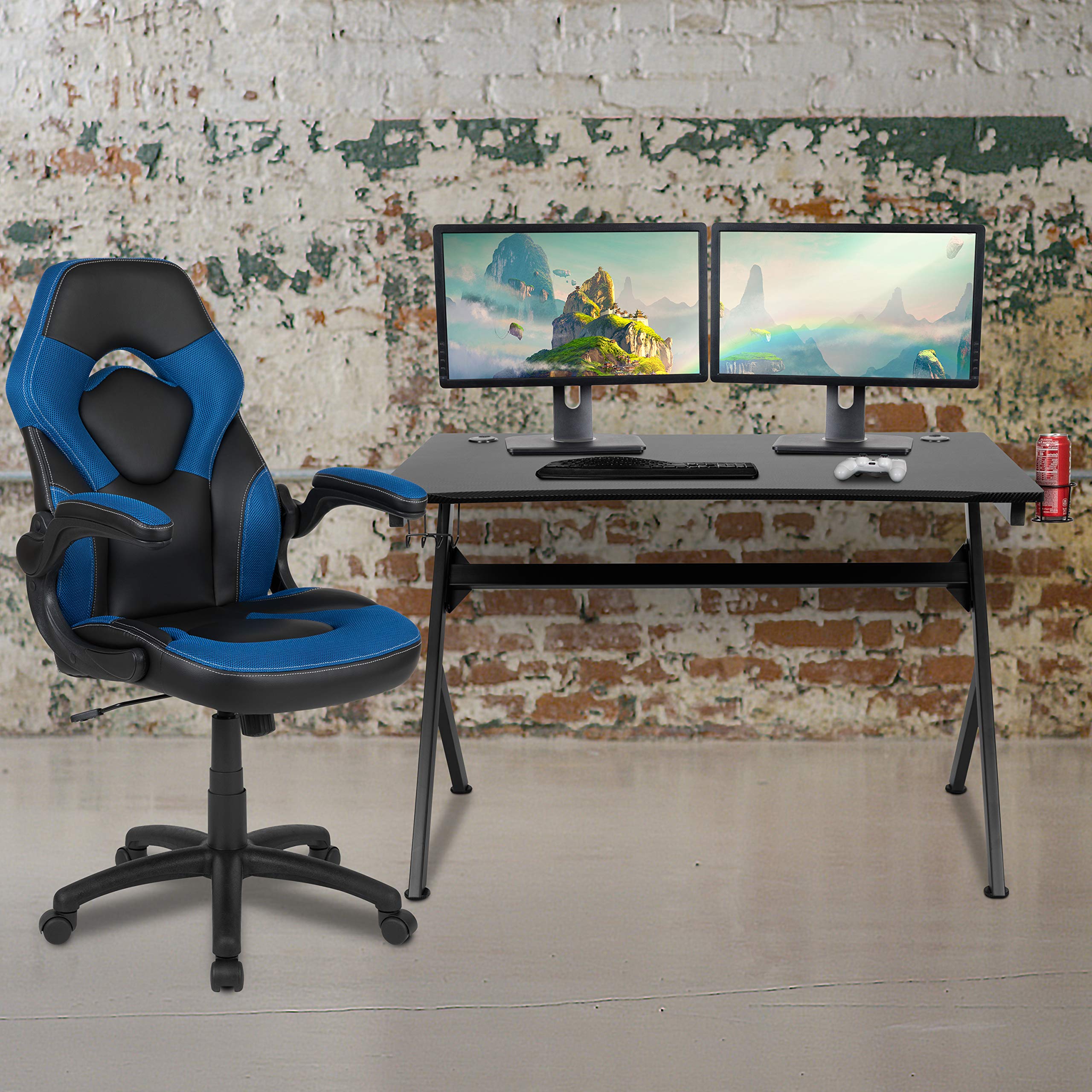 Flash Furniture Optis Black Gaming Desk and Blue and Black Racing Chair Set with Cup Holder, Headphone Hook & 2 Wire Management Holes