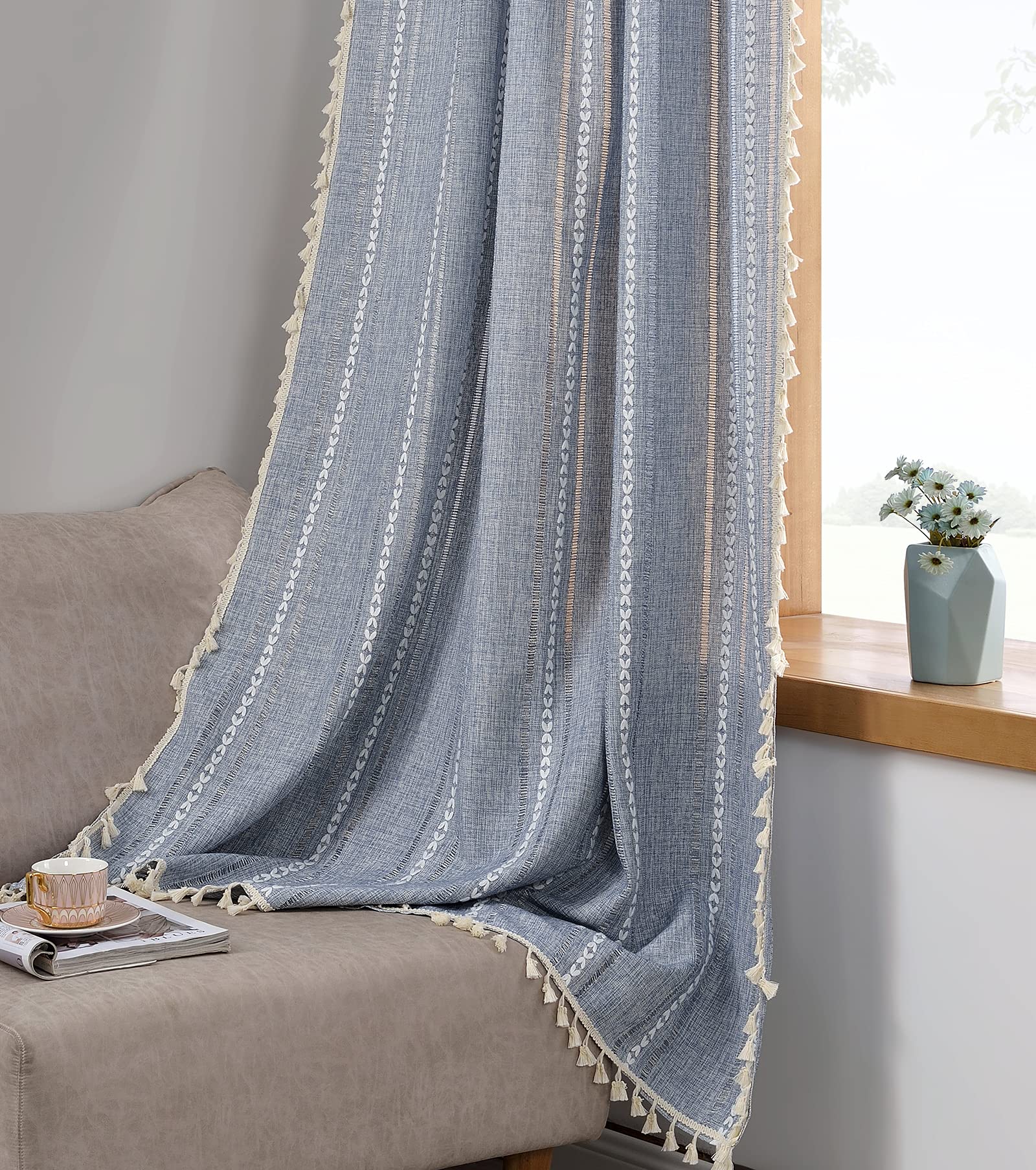 RoomTalks Boho Curtains for Bedroom Living Room 84 Inch Length Blue Country Farmhouse Cotton Polyester Window Curtain Panels Emb