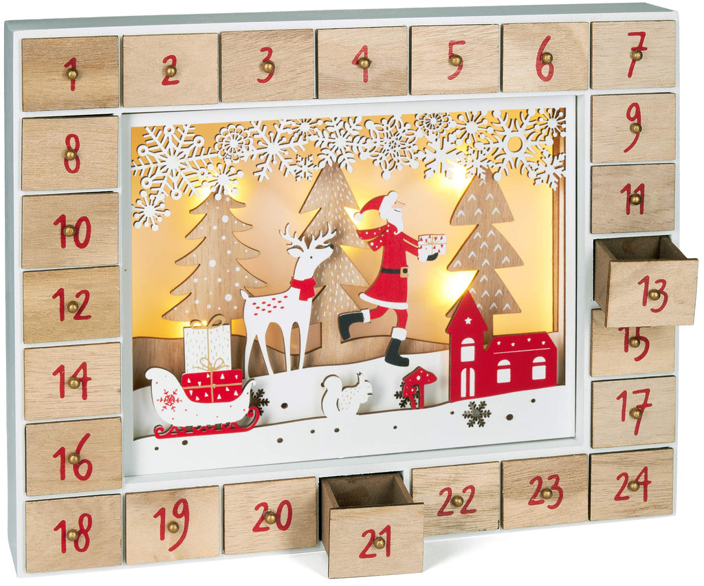 BRUBAKER Reusable Wooden Advent Calendar to Fill - Santa Claus in the Forest with LED Lighting - DIY Christmas Calendar 13.98 x 