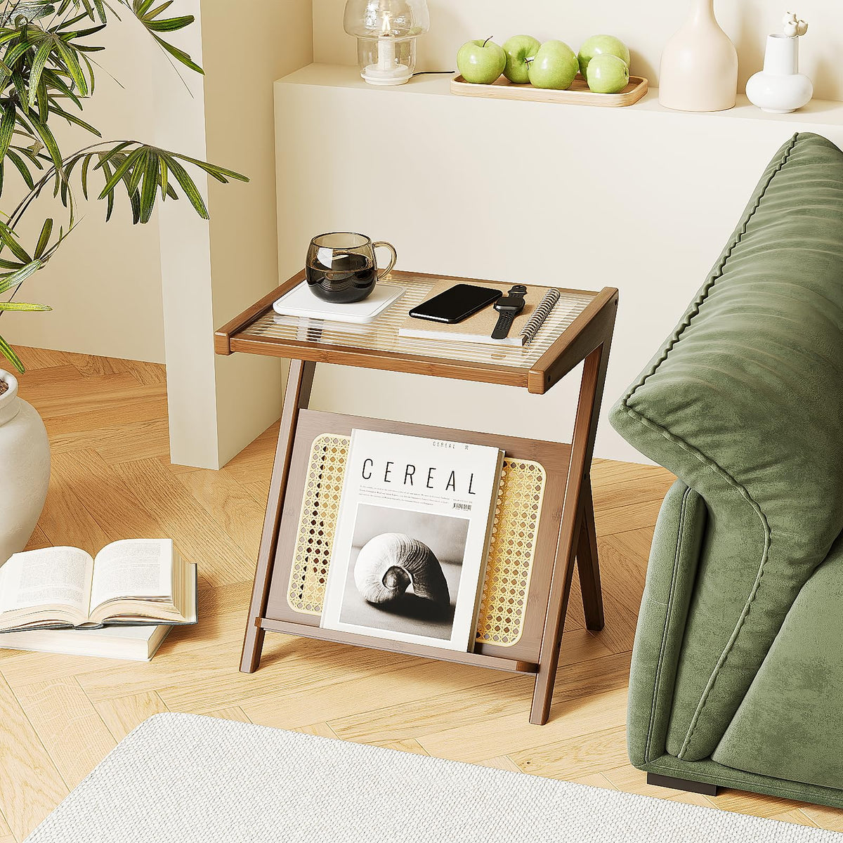 Bamworld Rattan Side Table Boho Nightstand Mid Century Modern End Table Glass Bedside Table Small End Tables Bamboo Coffee Table With Storage Record Player Stand For Living Room Bedroom