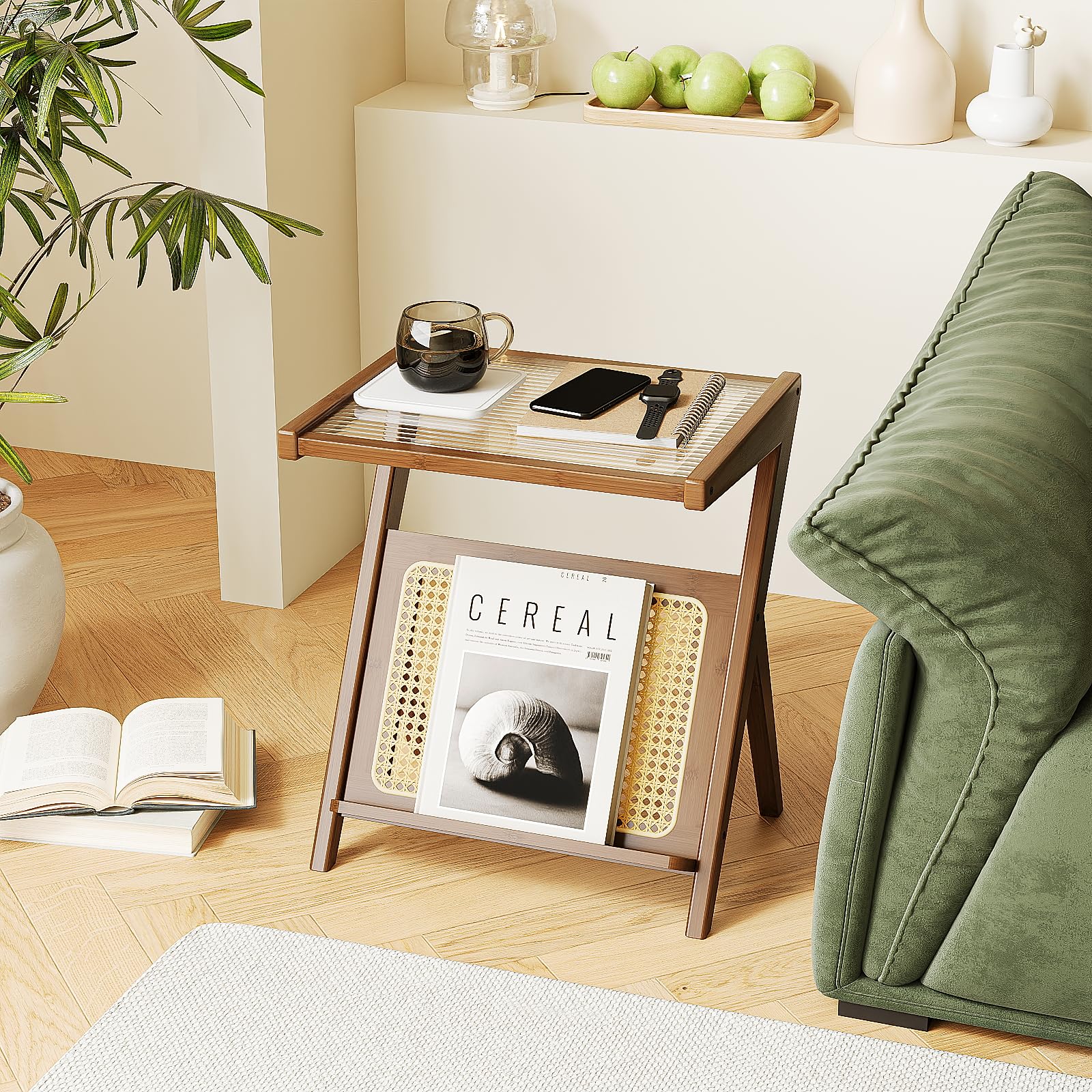 Bamworld Rattan Side Table Boho Nightstand Mid Century Modern End Table Glass Bedside Table Small End Tables Bamboo Coffee Table With Storage Record Player Stand For Living Room Bedroom