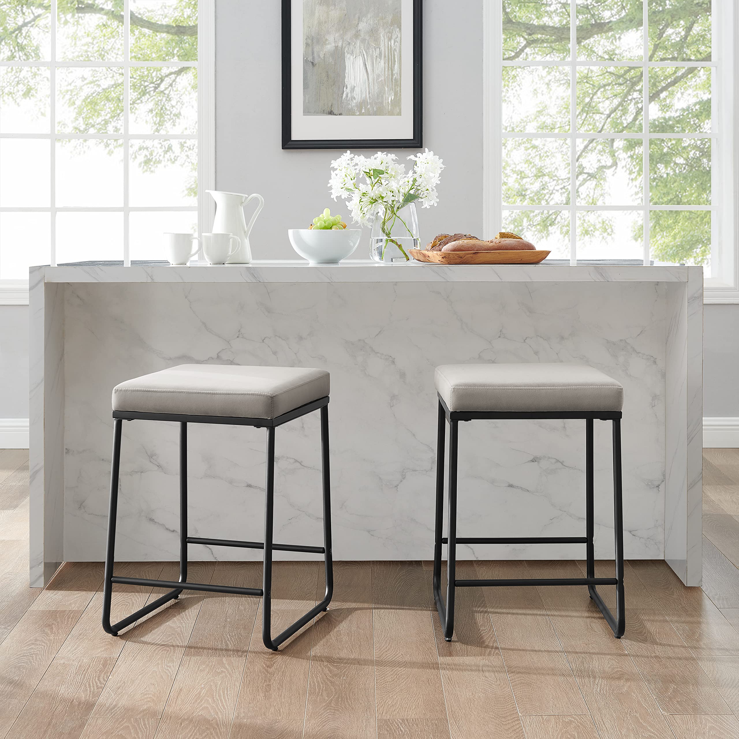 Crosley Furniture Beckett Counter Height Bar Stools Set of 2 with Backless Upholstered Seat, Gray