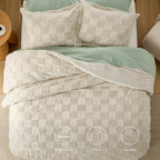 Bedsure Queen Size Comforter Set Dusty Rose, Boho Tufted Bed Set, Checkered Farmhouse Shabby Chic Bedding, 3 Pieces, 1 Plaid Geometric Comforter And 2 Pillow Shams