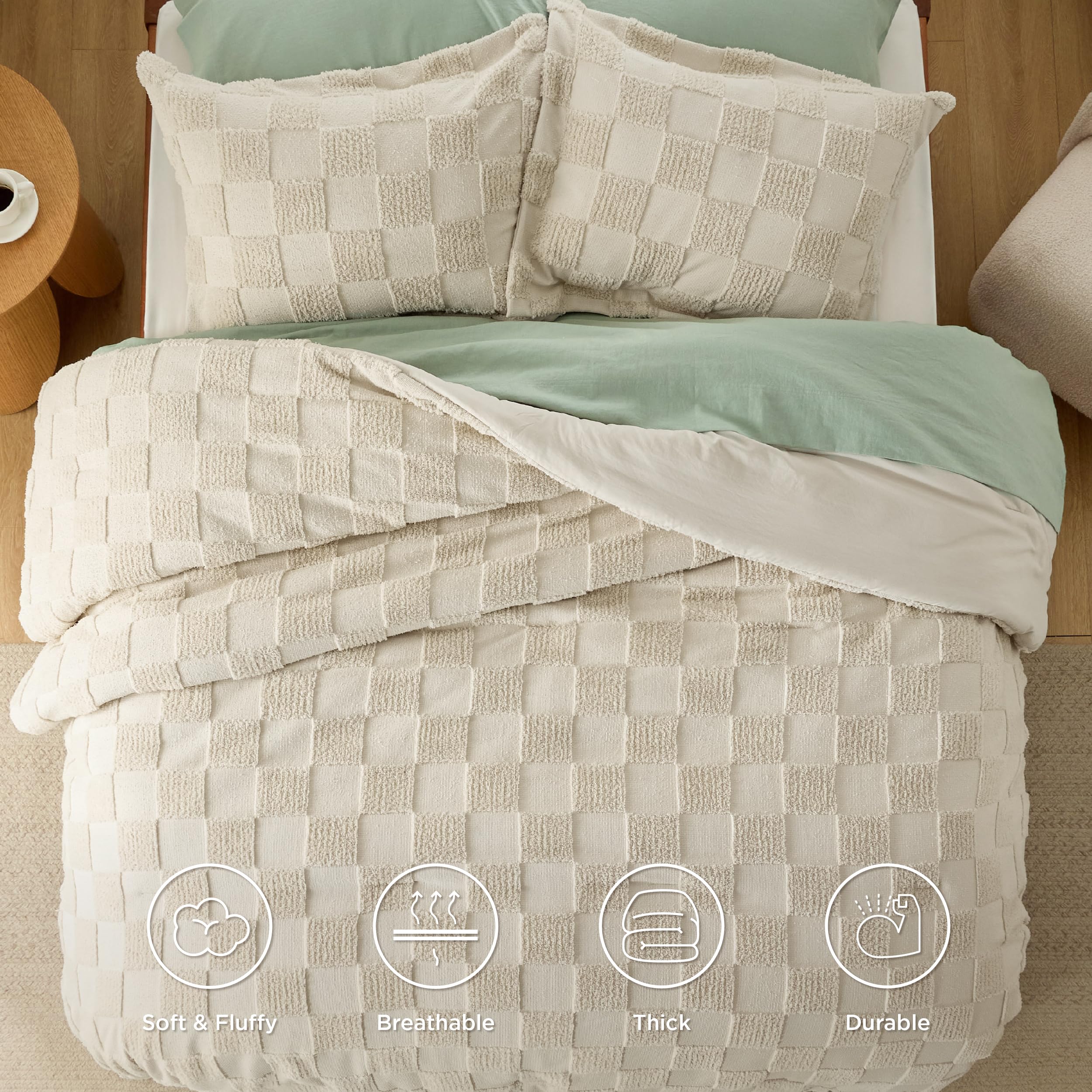 Bedsure Queen Size Comforter Set Dusty Rose, Boho Tufted Bed Set, Checkered Farmhouse Shabby Chic Bedding, 3 Pieces, 1 Plaid Geometric Comforter And 2 Pillow Shams