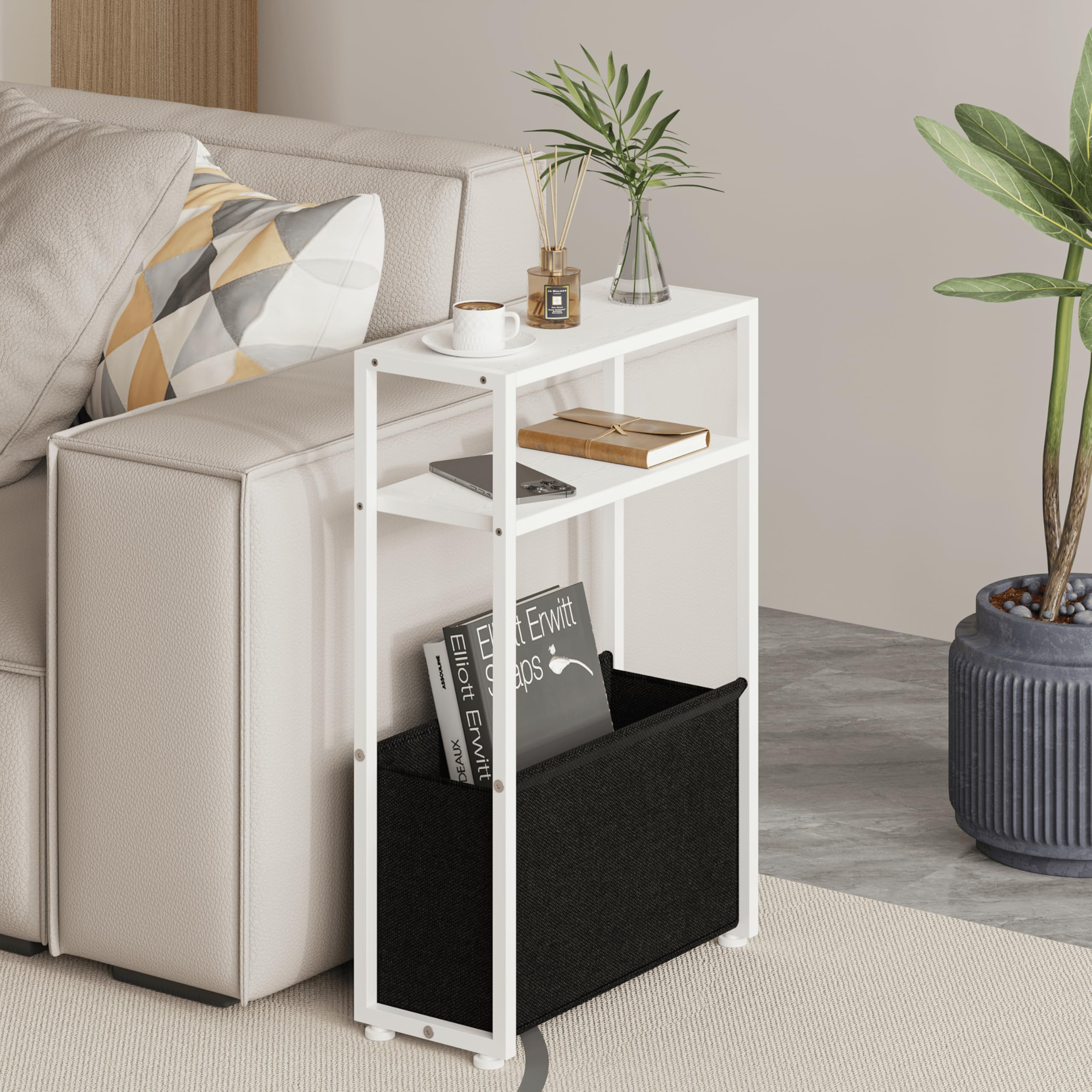 Leomonio White Side Table, Narrow End Table With Shelves, Narrow Table For Small Spaces, Slim Side Table For Living Room, Bedroo
