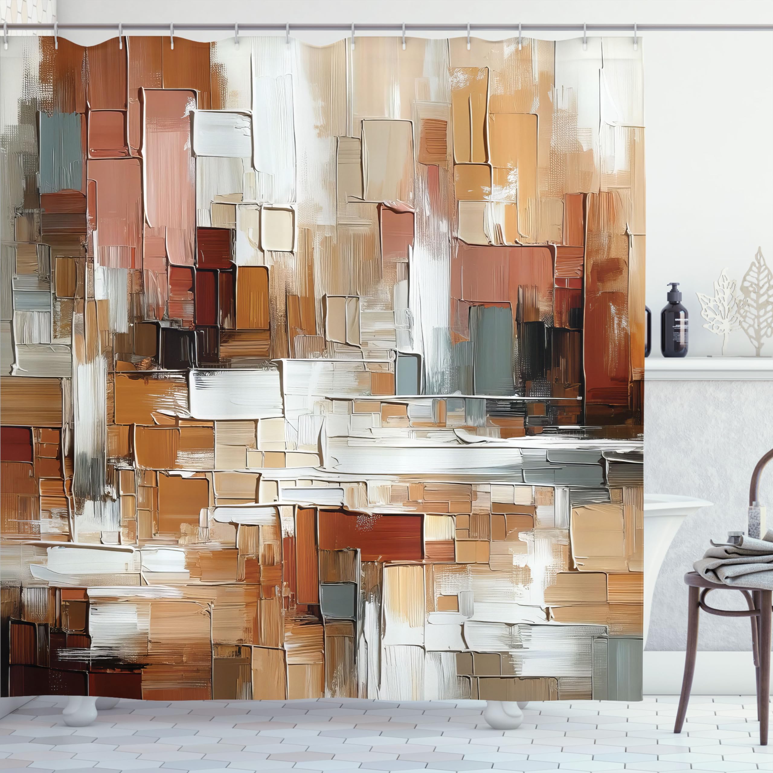 Ambesonne Brown Shower Curtain, Painting Style Abstract And Modern Art Brushstrokes Nude Warm Palette, Cloth Fabric Bathroom Dec